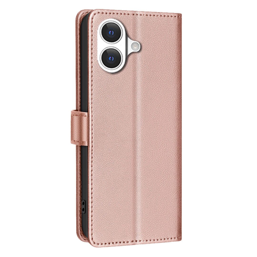 Die BINFEN Color iPhone 17 - BINFEN Leder Etui Hülle mit RFID Blocker in Roségold ist eine Brieftasche mit Kartenfach und sichtbaren Kameralinsen, die teilweise von der Seite geöffnet ist.