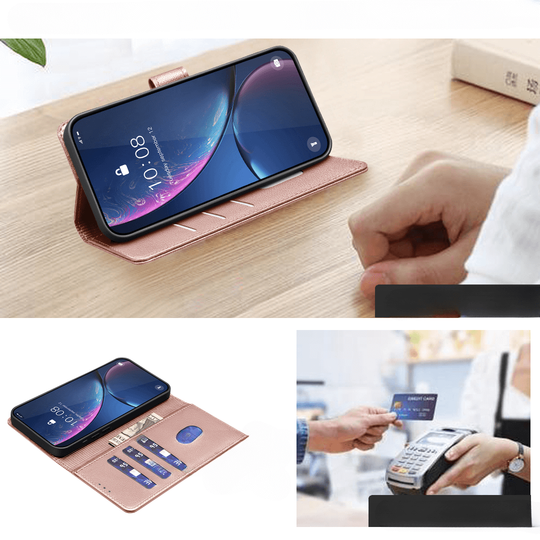 Ein iPhone 17 in der BINFEN Leder Etui Hülle mit RFID Blocker by BINFEN Color (pinke Brieftasche) mit Kreditkarte, geschützt vor Diebstahl beim Bezahlen am Terminal.