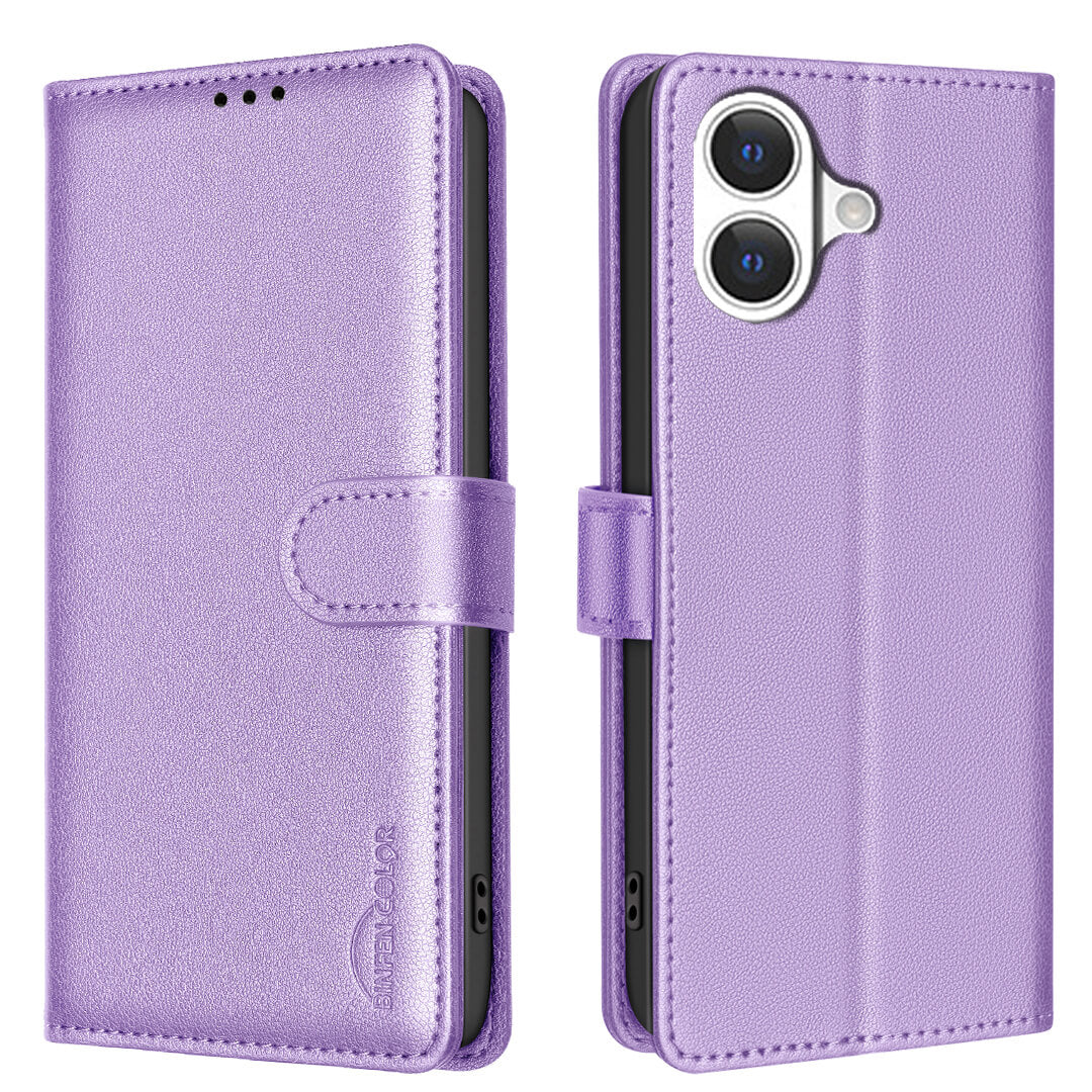 Die BINFEN Color iPhone 17 - BINFEN Leder Etui Hülle mit RFID Blocker in Lila ist von vorne und hinten geschlossen und verfügt über einen Magnetverschluss, einen Kameraausschnitt und einen integrierten RFID-Blocker für die Sicherheit.