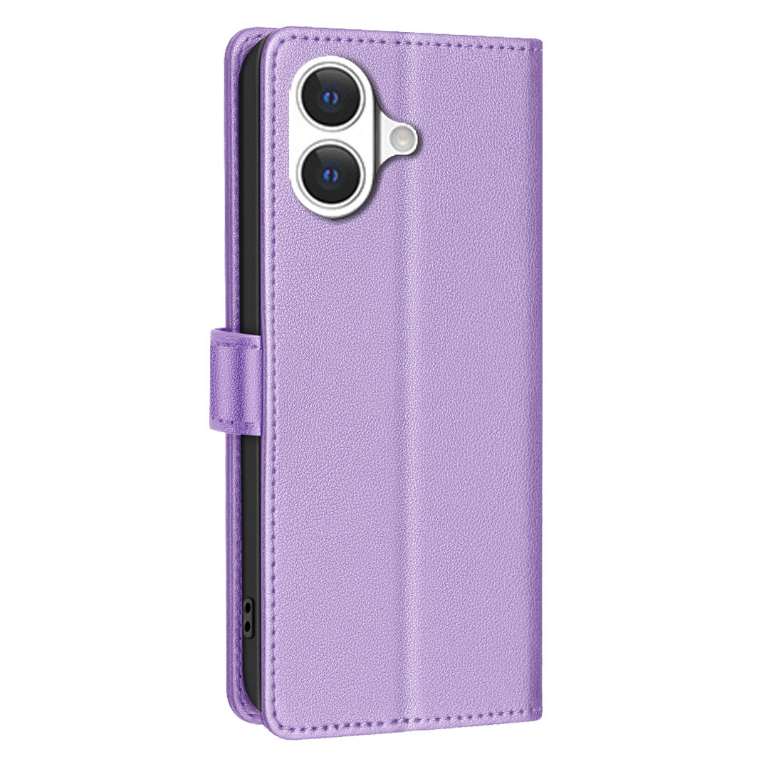 Ein lavendelfarbenes iPhone 17 - BINFEN Leder Etui Hülle mit RFID Blocker von BINFEN Color, teilweise geöffnet gezeigt, um die rückseitigen Kameras und ein praktisches Kartenetui für Ihre Karten zu zeigen.