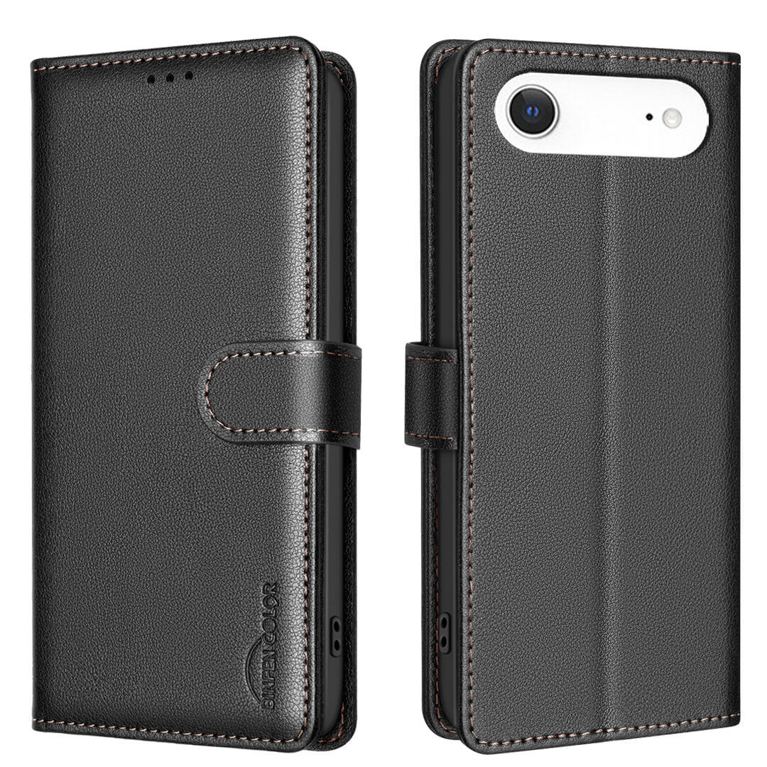 #farbe_schwarz|Die BINFEN Color iPhone 17 Air - BINFEN Leder Etui Hülle mit RFID Blocker, offen und geschlossen gezeigt, hat sichtbare Nähte, einen Magnetverschluss und passt sich Ihrem Telefon elegant an.
