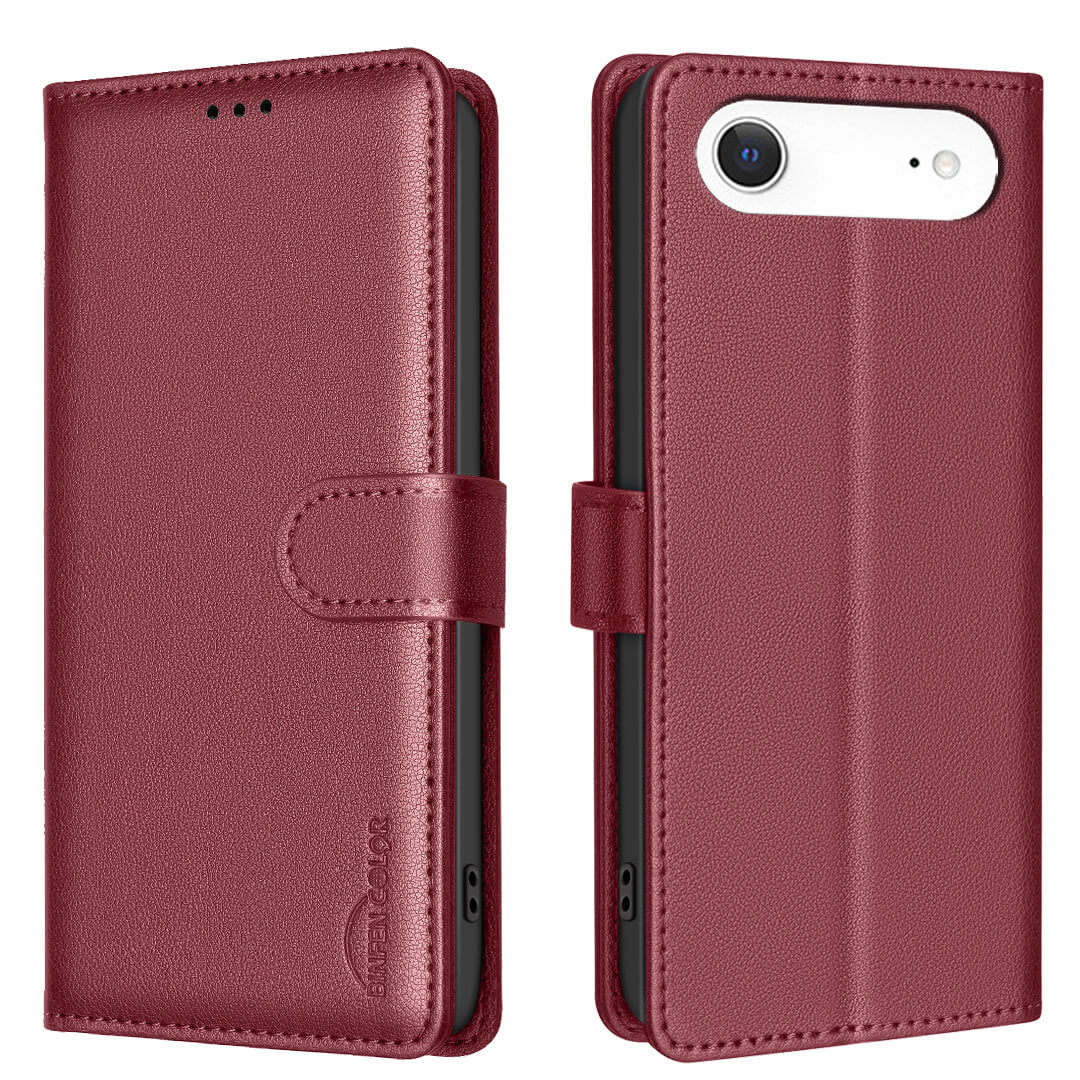 Die BINFEN Color iPhone 17 Air - BINFEN Leder Etui Hülle mit RFID Blocker in kastanienbraun wird offen und geschlossen gezeigt, wobei die strukturierte Oberfläche und der sichere Schnappverschluss hervorgehoben werden.