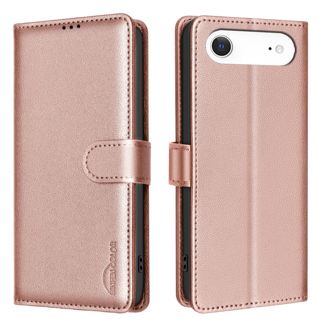 Die BINFEN Color iPhone 17 Air - BINFEN Leder Etui Hülle verfügt über eine roségoldene Oberfläche, RFID-Blocker, Magnetverschluss, Kameraausschnitt und ein strukturiertes Lederetui, das offen und geschlossen gezeigt wird.
