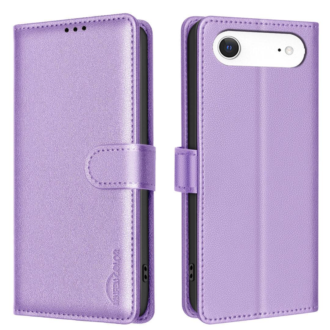 Die BINFEN Color iPhone 17 Air - BINFEN Leder Etui Hülle ist eine lilafarbene Brieftasche mit Schnappverschluss und integriertem RFID-Blocker, die von vorne geschlossen und von hinten geöffnet ist.
