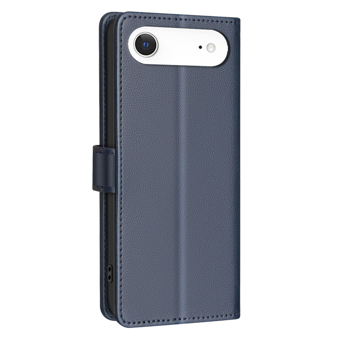 Die BINFEN Color iPhone 17 Air - BINFEN Leder Etui Hülle mit RFID Blocker in marineblau ist von hinten mit einem weißen Smartphone im Inneren abgebildet - ideal für einen stilvollen, sicheren Schutz des Telefons.