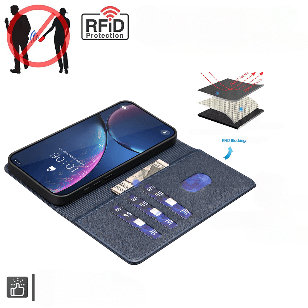 Die BINFEN Color iPhone 17 Air - BINFEN Leder Etui Hülle mit RFID Blocker hält Karten, Bargeld und Telefon sicher im Inneren; Anti-Diebstahl-Symbole dargestellt. Ideal als stilvolle Brieftasche für Ihr Gerät.