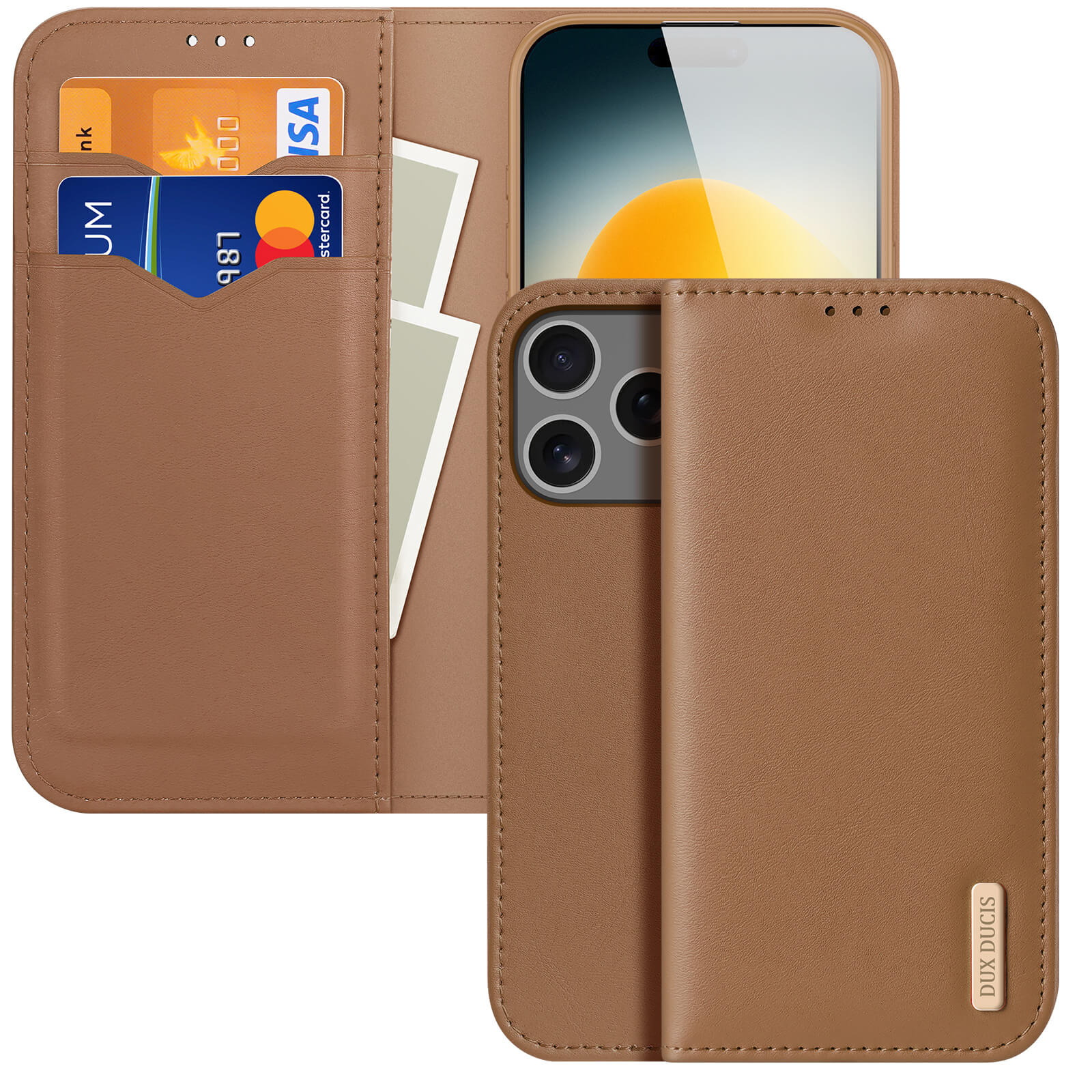 Die Dux Ducis iPhone 17 Pro Max - DUX DUCIS HIVO Etui Tasche aus braunem Echtleder bietet RFID-Schutz, Platz für Karten, Bargeld und Smartphone; abgebildet offen und geschlossen.