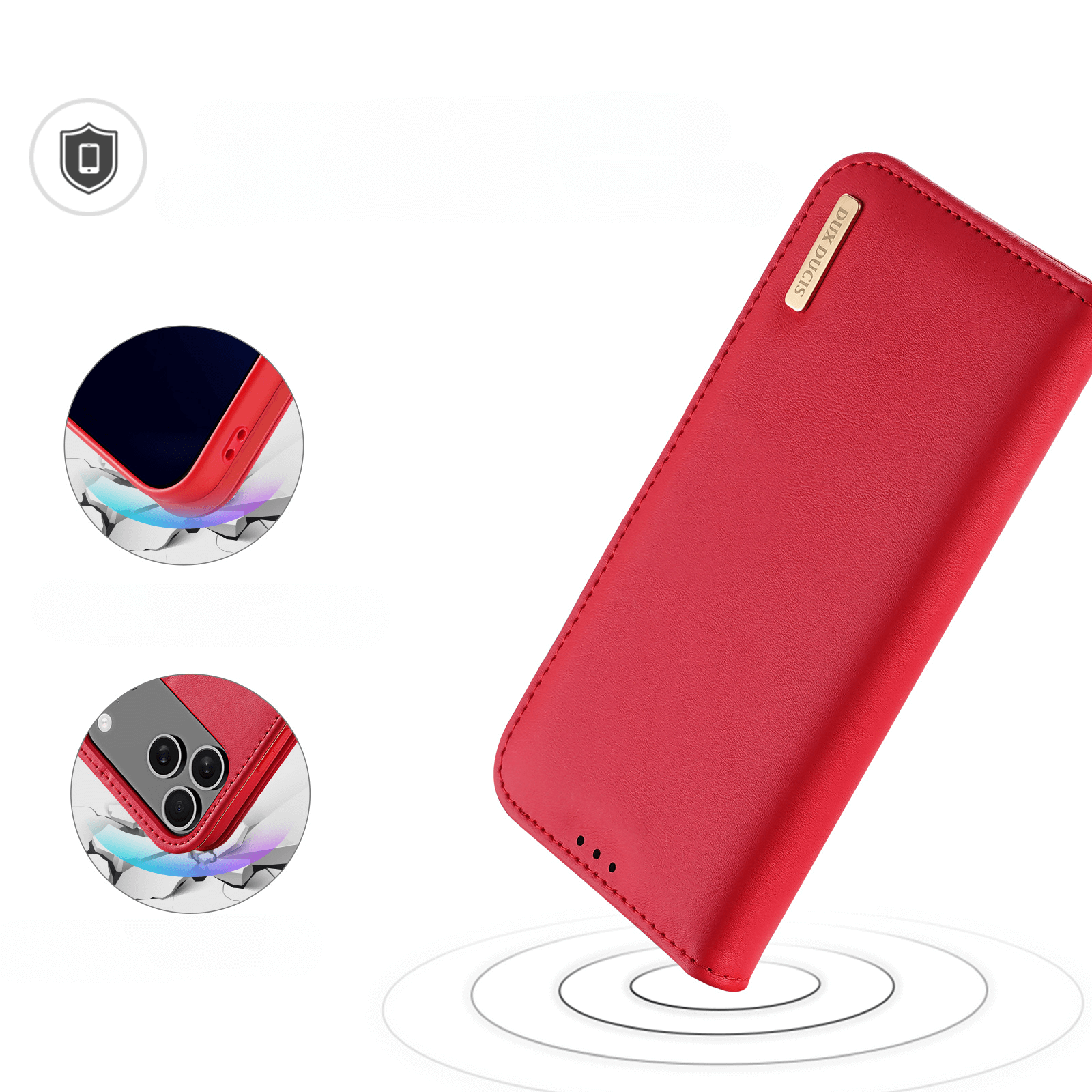 Die iPhone 17 Pro Max - DUX DUCIS HIVO Etui Tasche von Dux Ducis schwebt über einem kreisförmigen Muster, das die Details des Telefons zur Geltung bringt. Sie ist aus Echtleder gefertigt und bietet Premium-Stil und integrierten RFID-Schutz für zusätzliche Sicherheit.