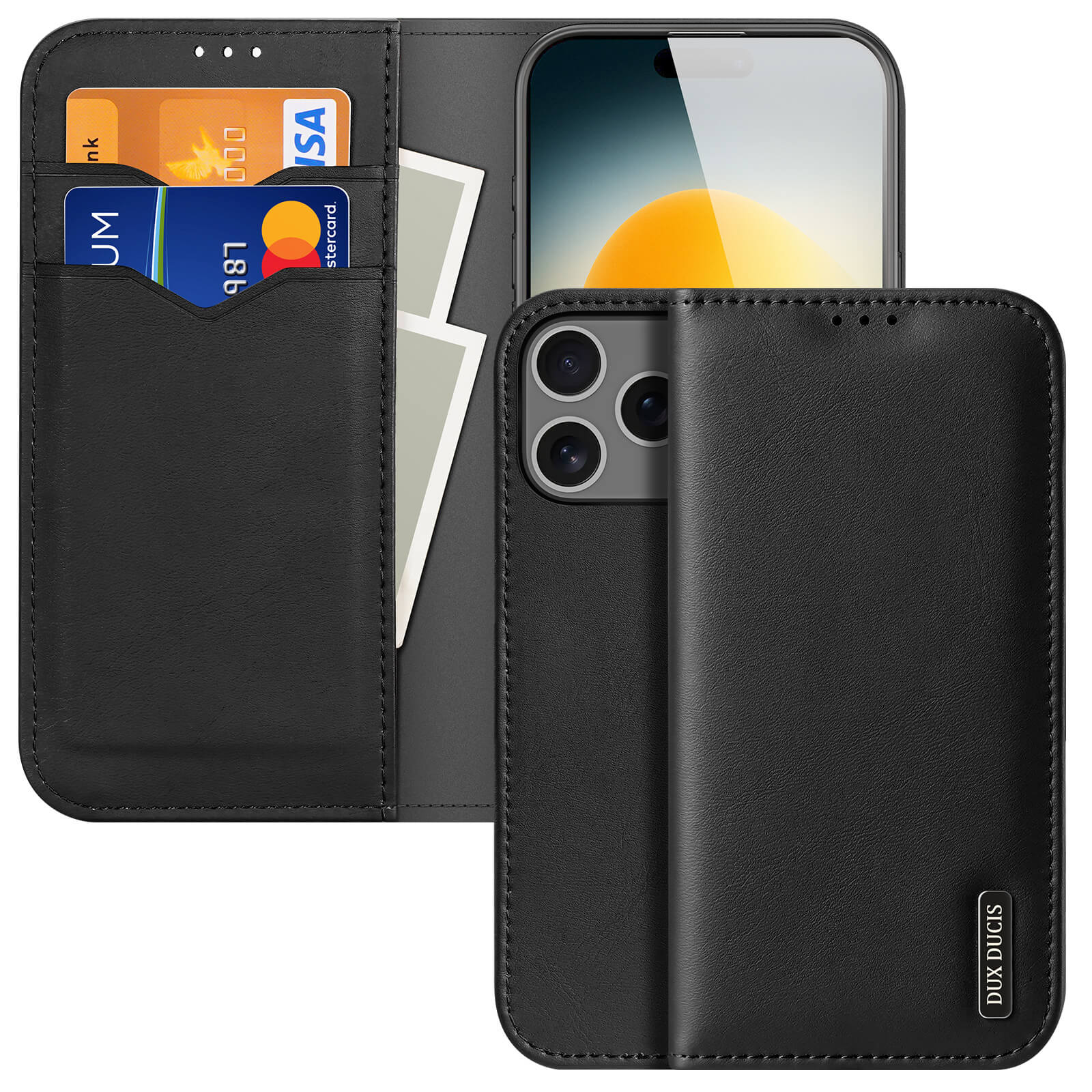 #farbe_schwarz|Das Dux Ducis iPhone 17 Pro HIVO Etui aus Echtleder bietet Kartenfächer, RFID-Schutz und sicheren Halt für Karten und Fotos. Geöffnet und geschlossen mit dem Handy im Case abgebildet.
