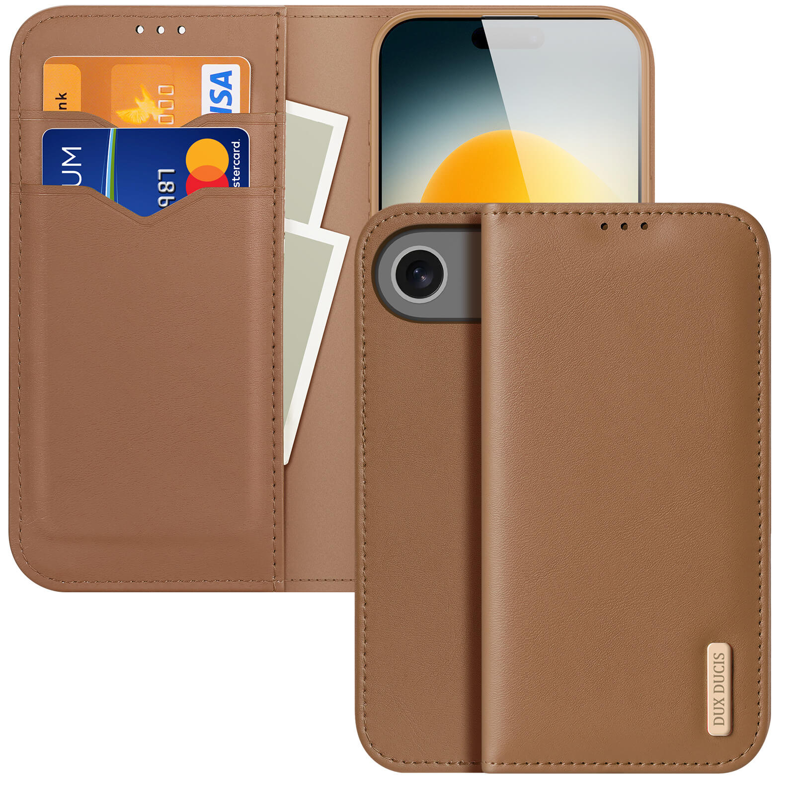 Die Dux Ducis iPhone 17 Air HIVO Etui Tasche ist eine braune Echtleder Handytasche mit RFID-Schutz, Kartenfächern und einem teilweise offenen und geschlossenen Design.