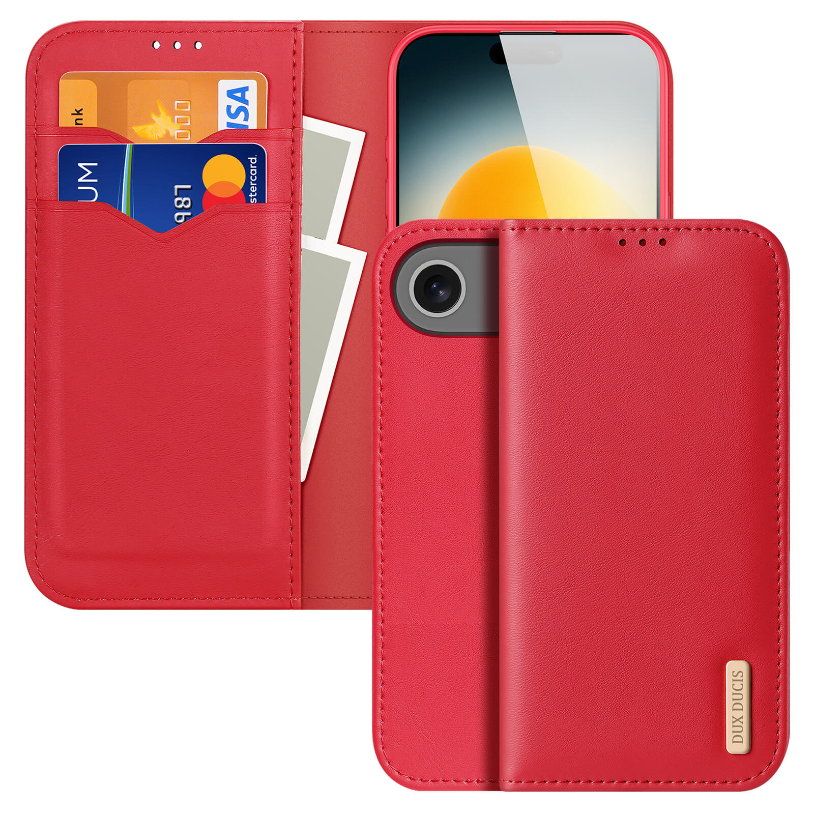 Das Dux Ducis HIVO Echtleder Etui für iPhone 17 Air verfügt über RFID-Schutz, Kartenfächer und Fotofach. Das hochwertige Wallet-Case wird offen und geschlossen gezeigt.