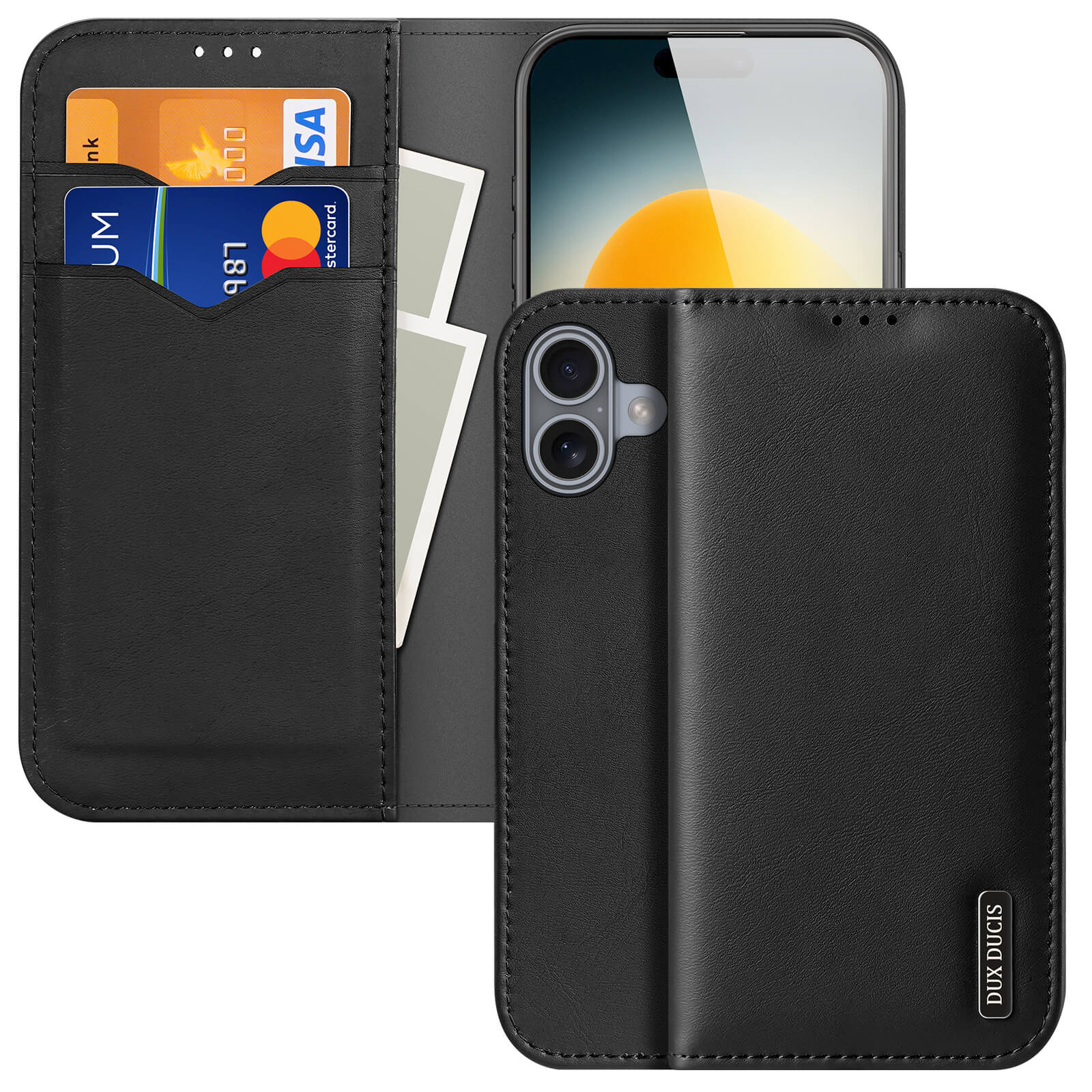 #farbe_schwarz|Die Dux Ducis iPhone 17 - HIVO Etui Tasche mit RFID-Schutz in schwarzem Leder hält Karten, Bargeld und Ihr Handy sicher; abgebildet offen und geschlossen.