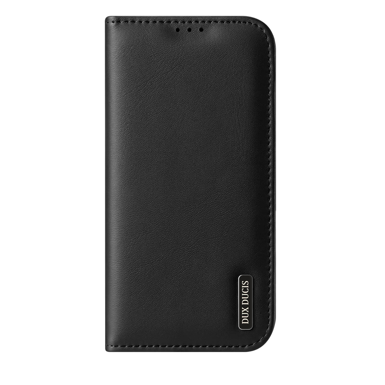 Die iPhone 17 - DUX DUCIS HIVO Etui Tasche mit RFID-Schutz von Dux Ducis überzeugt als elegante schwarze Hülle mit Logo auf der unteren rechten Ecke - perfekt für stilvolle Sicherheit.