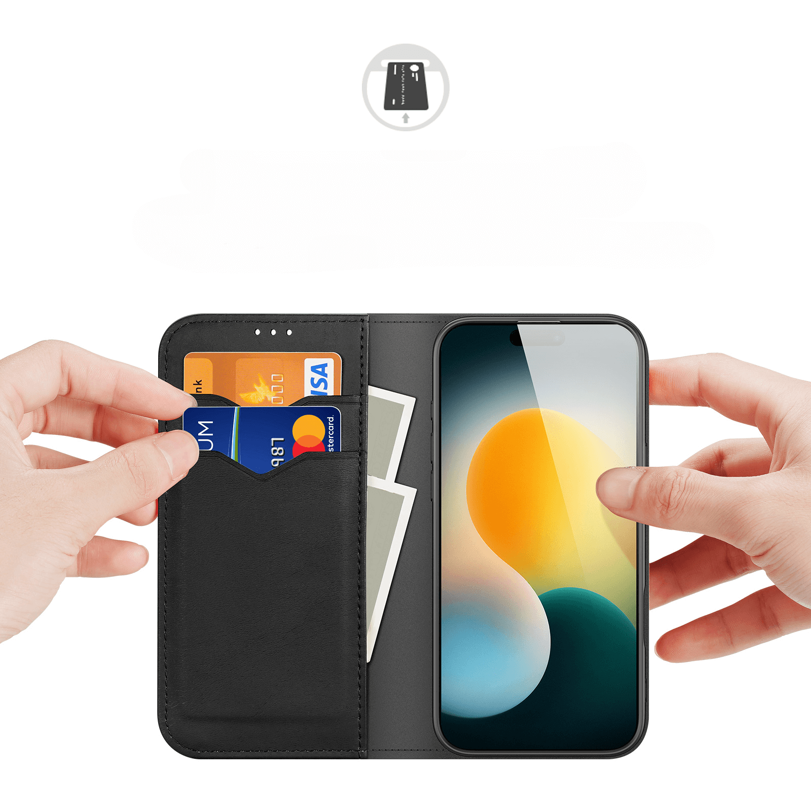 #farbe_schwarz|Hände, die eine Dux Ducis iPhone 17 - DUX DUCIS HIVO Etui Tasche mit RFID-Schutz halten, mit Karten und Bargeld auf der linken Seite und dem iPhone 17, das sicher in der Tasche verstaut ist, auf der rechten Seite.