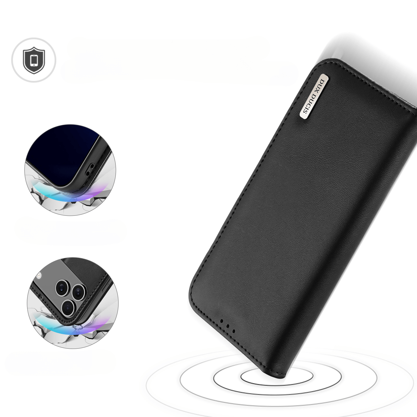 Die Dux Ducis iPhone 17 - HIVO Etui Tasche mit RFID-Schutz ist eine stilvolle Hülle für Ihr Mobiltelefon. Sie ist mit einem Leder-Hülle-Design ausgestattet und bietet Schutz für Kamera und Bildschirm durch kreisförmige Einsätze.