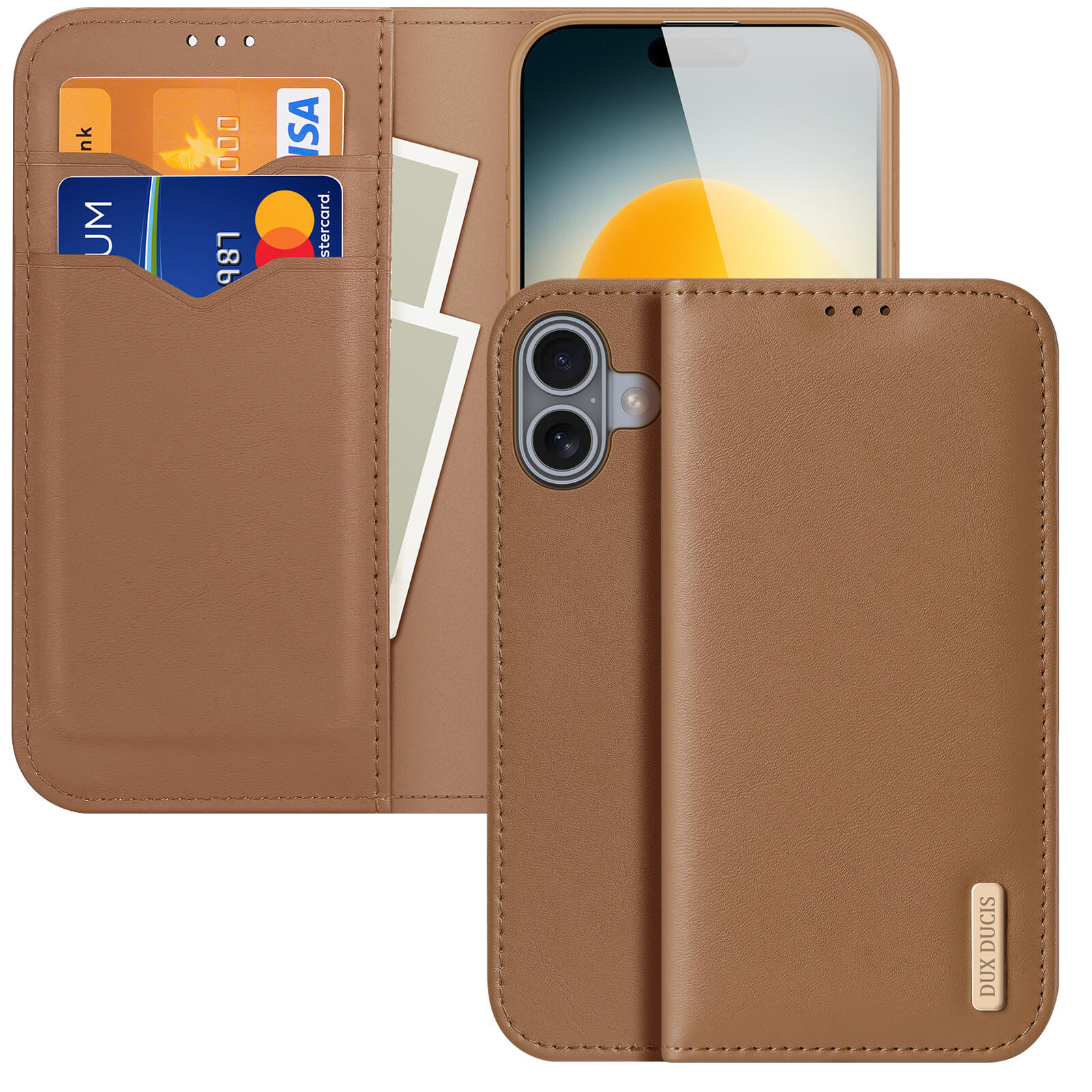 Die Dux Ducis iPhone 17 HIVO Etui Tasche ist eine braune Ledertasche mit RFID-Schutz, die Karten und Bargeld aufnimmt und Ihr iPhone 17 teilweise bedeckt.