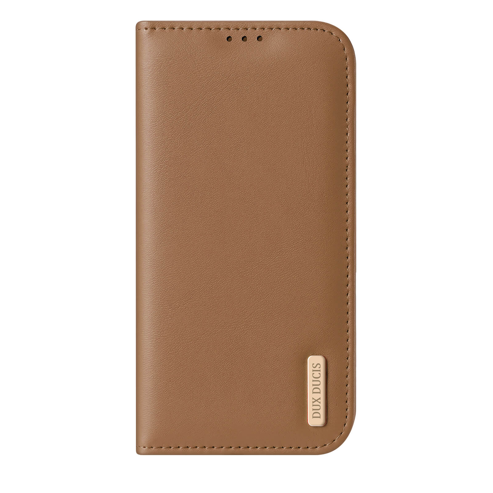 Die Dux Ducis HIVO Etui Tasche für iPhone 17 ist eine braune Ledertasche mit abgesteppten Rändern, RFID-Schutz und einem DUX DUCIS-Label - ein eleganter Schutz für Ihr Gerät.