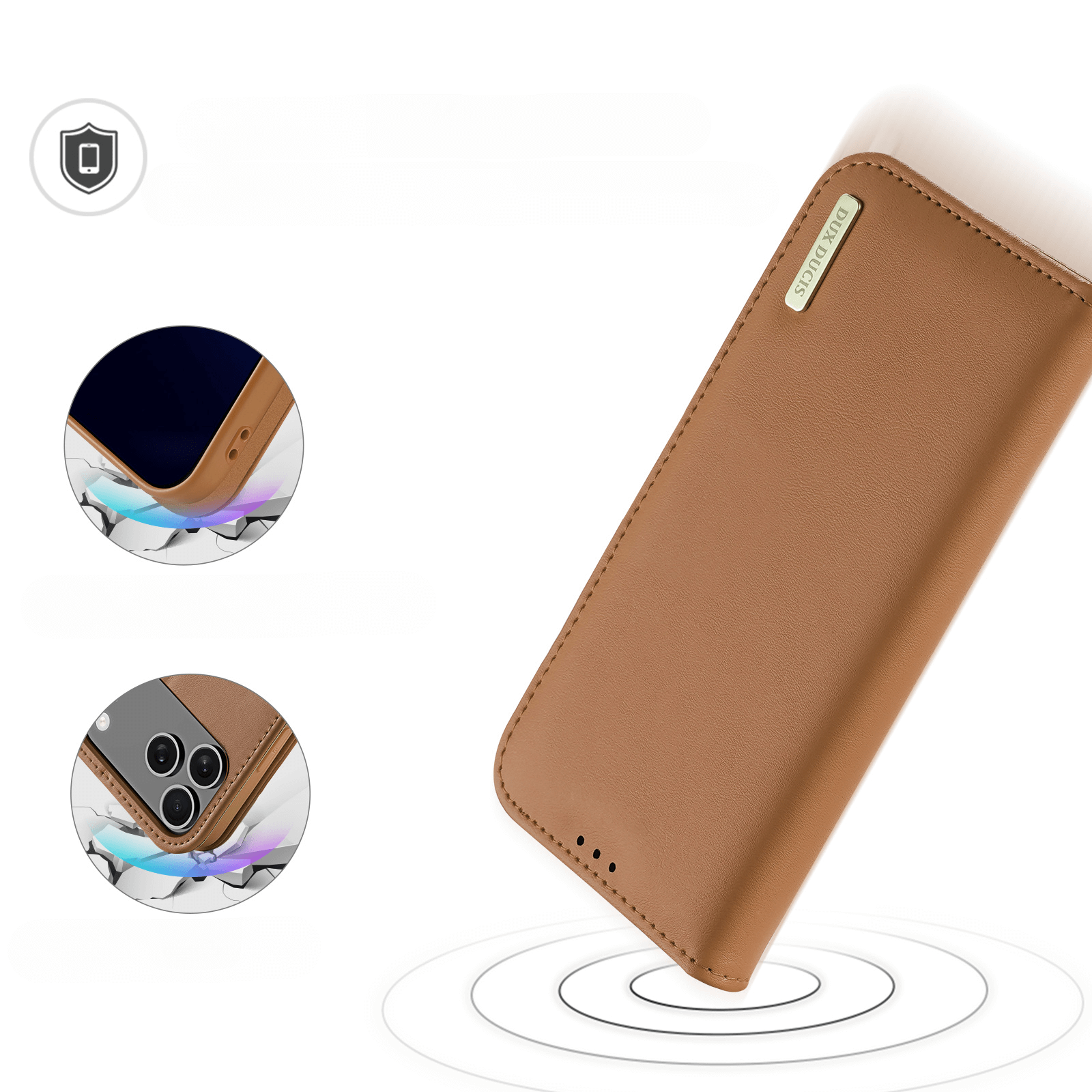 Die Dux Ducis iPhone 17 HIVO Etui Tasche steht aufrecht, hat präzise Kreisausschnitte für Bildschirm und Kameraschutz sowie integrierten RFID-Schutz für mehr Sicherheit.