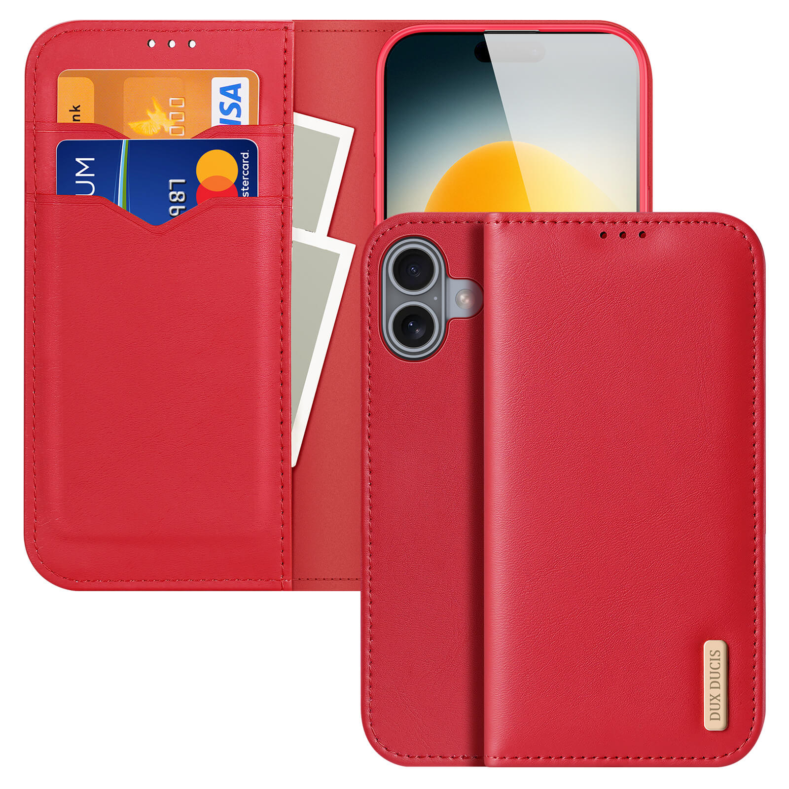Die Dux Ducis iPhone 17 HIVO Etui Tasche bietet RFID-Schutz und Platz für Karten, Fotos, und Ihr Telefon. Abgebildet geöffnet und geschlossen-perfekter Schutz von Dux Ducis.