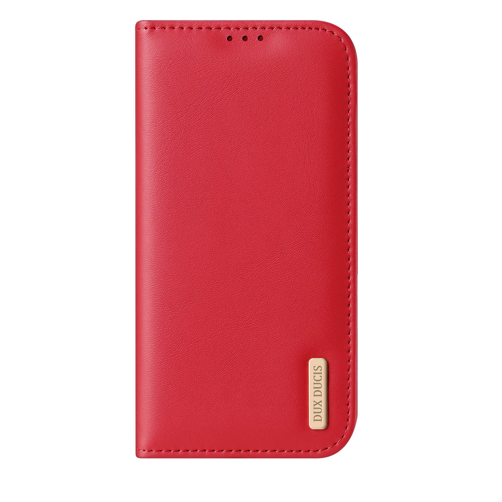 Rote Dux Ducis HIVO Etui Tasche für iPhone 17 mit goldener Markenplakette unten rechts und RFID-Schutz.
