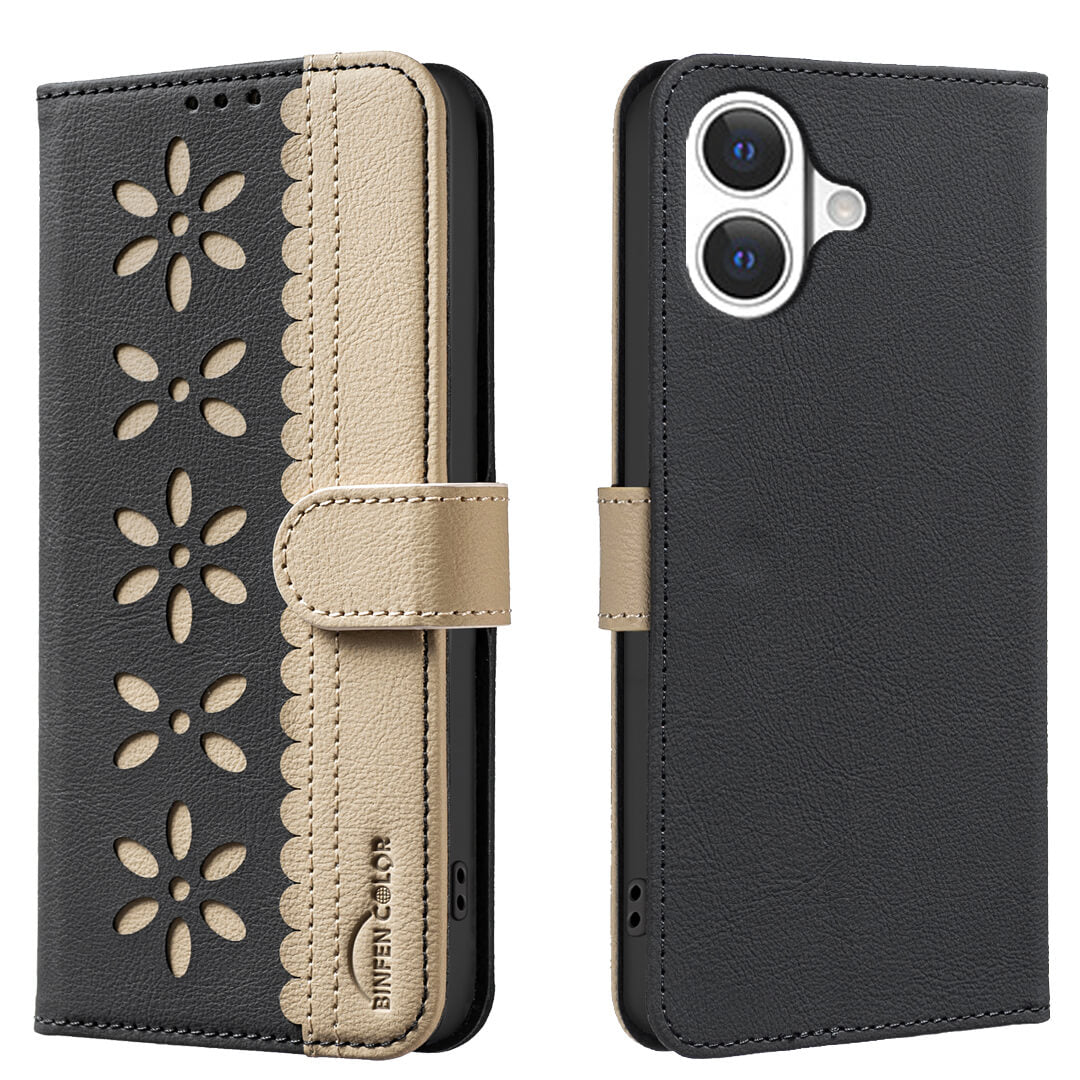#farbe_schwarz|Die BINFEN Color iPhone 17 - BINFEN Ledertasche Floral in Schwarz und Beige verfügt über ein florales Design, ein Kartenfach und RFID-Schutz für Sicherheit.