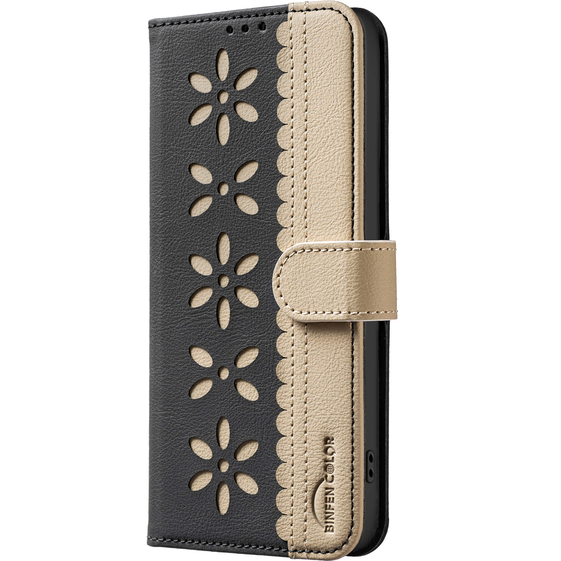 #farbe_schwarz|Die iPhone 17 - BINFEN Ledertasche Floral von BINFEN Color in Schwarz und Beige verfügt über einen floral gemusterten Verschluss, dekorative Cut-Outs und eine florale Prägung für einen eleganten Look.