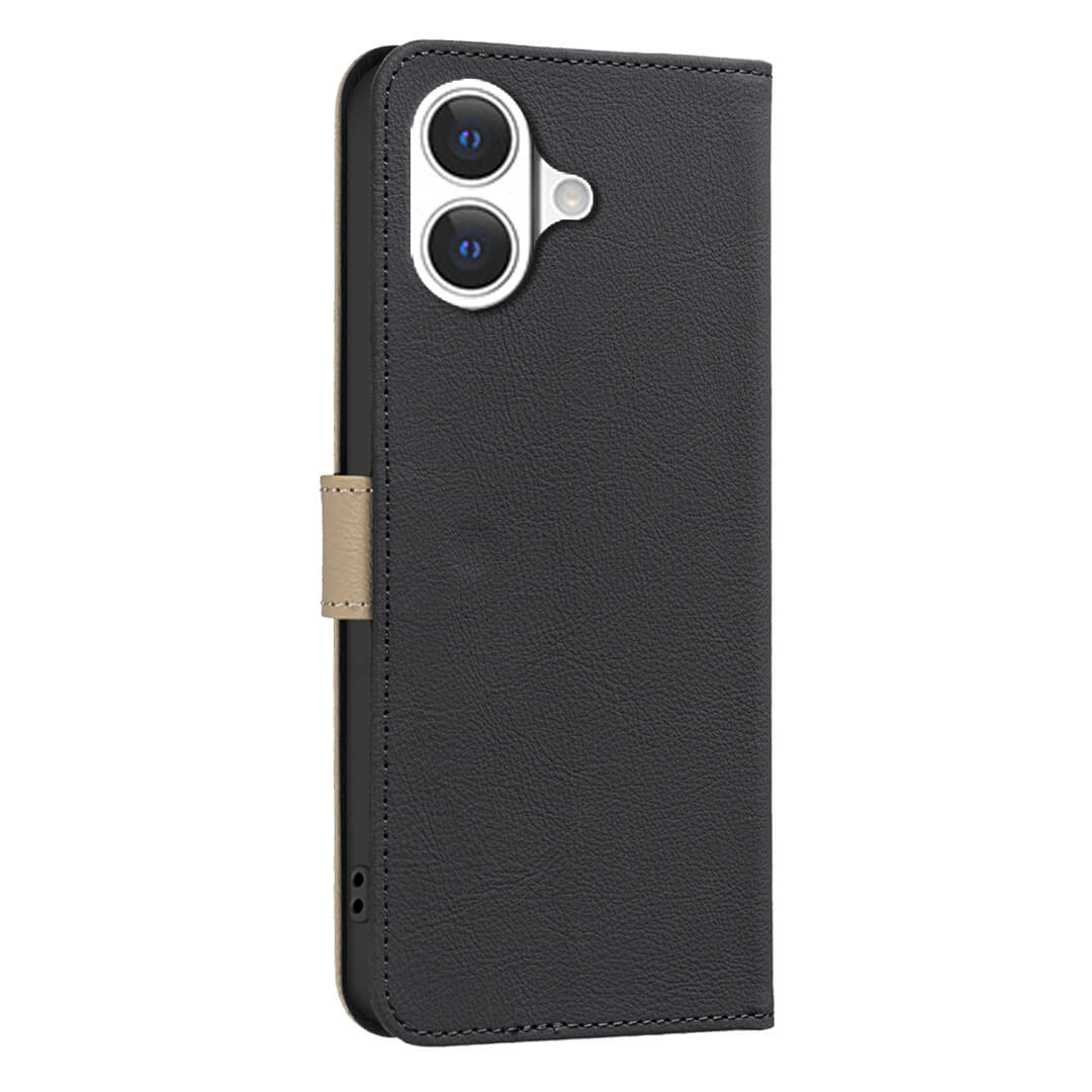 BINFEN Color iPhone 17 - BINFEN Ledertasche Floral schwarze Lederhandyhülle mit Kamera- und Blitzlichtausschnitten, RFID-Schutz zur Sicherheit, von hinten leicht schräg dargestellt.