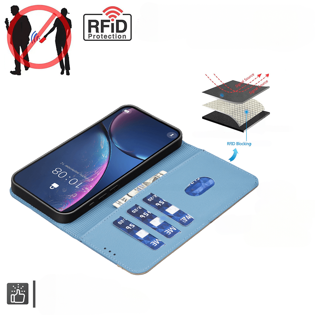 Die iPhone 17 - BINFEN Ledertasche Floral von BINFEN Color bietet RFID-Schutz, Kartenfächer, florale Prägung sowie ein RFID-Schutz-Symbol für sichere Datenspeicherung.