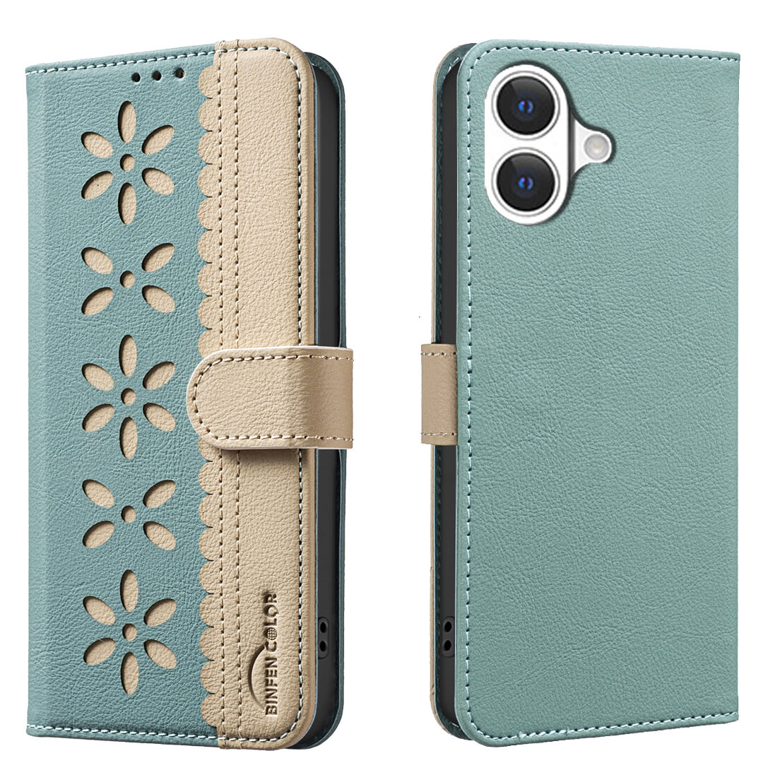 Die BINFEN Color iPhone 17 - BINFEN Ledertasche Floral in Hellblau hat einen beigen Blumenausschnitt, einen Magnetverschluss und einen RFID-Schutz, hier von vorne und hinten.