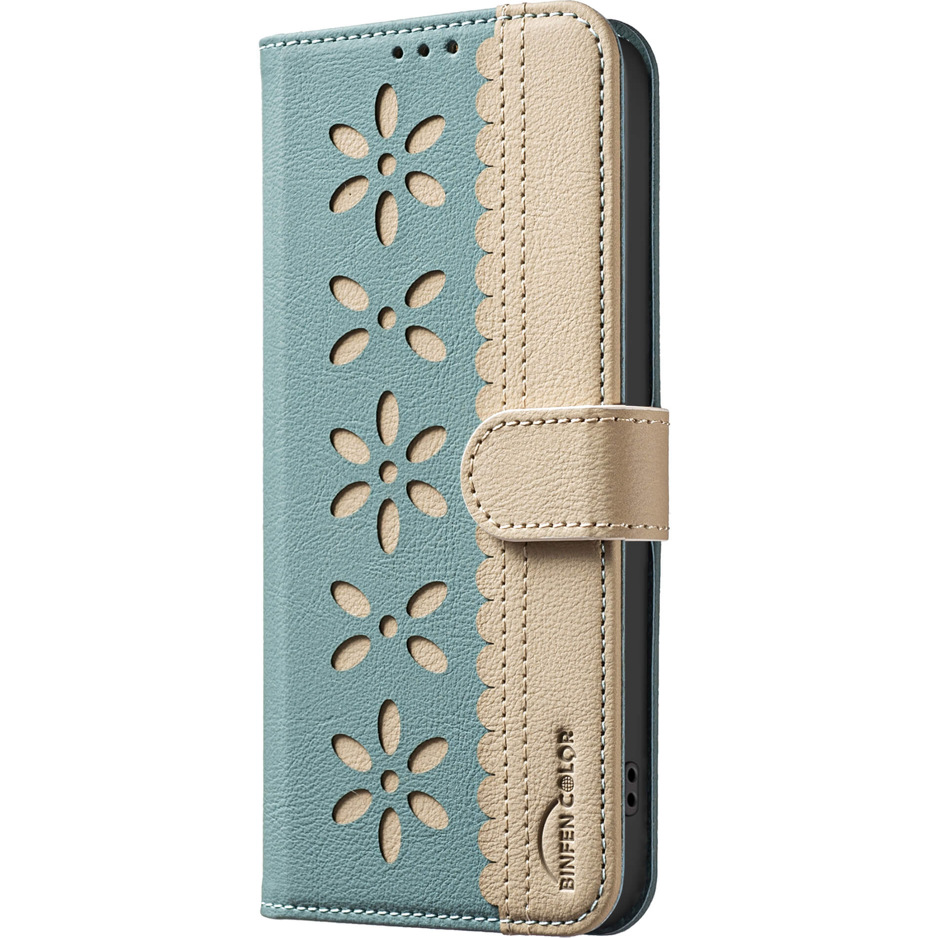 BINFEN Color iPhone 17 - Die BINFEN Ledertasche Floral in Blau und Beige verfügt über einen floralen Ausschnitt, RFID-Schutz und einen sicheren Schnappverschluss für stilvollen Schutz.