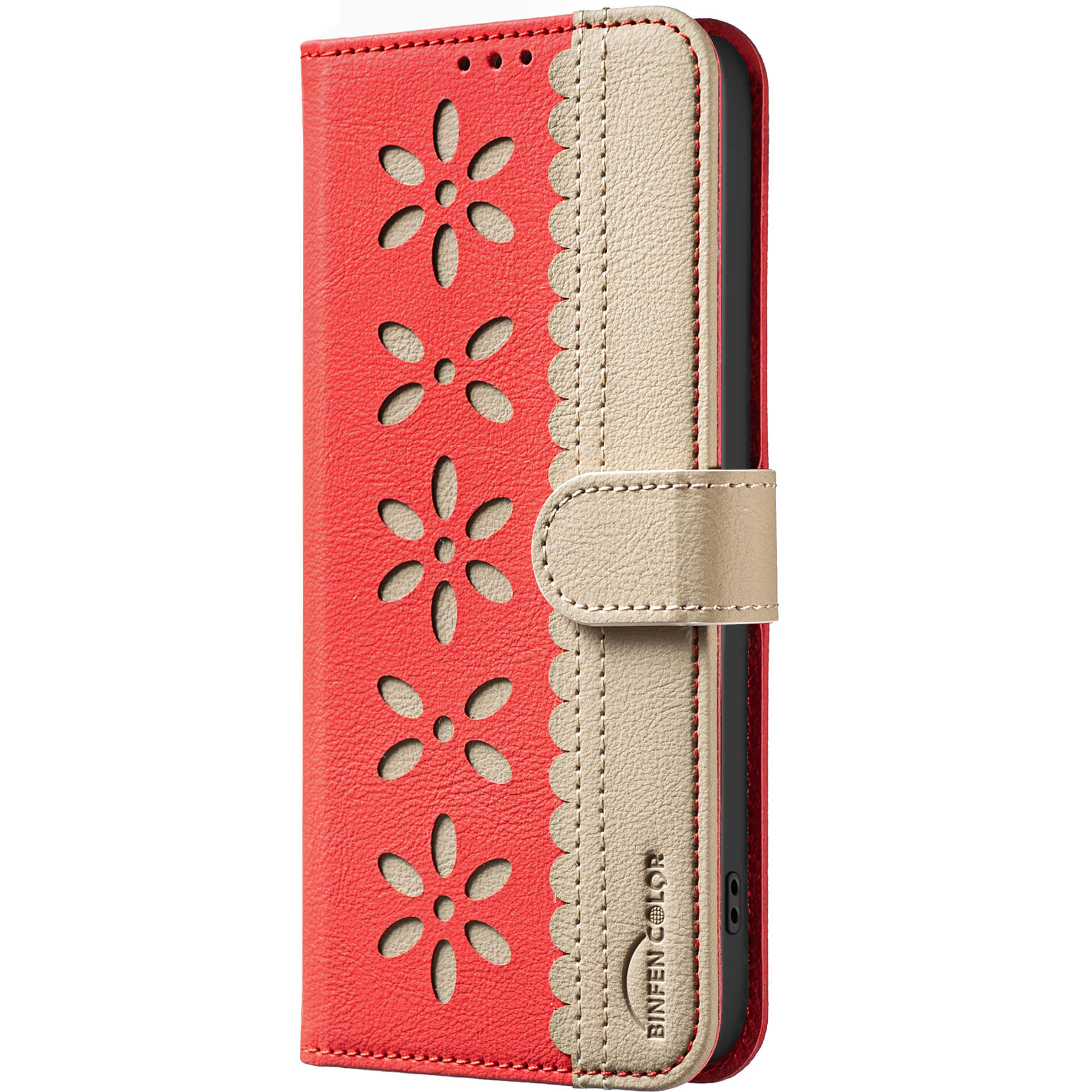 Die BINFEN Color iPhone 17 - BINFEN Ledertasche Floral in Rot und Beige hat einen floralen Ausschnitt, RFID-Schutz und einen Magnetverschluss.