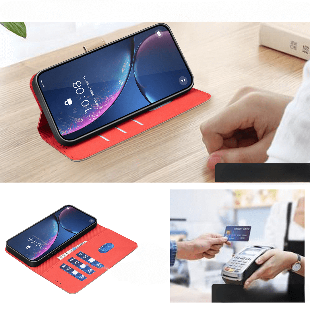 Ein iPhone 17 in einer roten BINFEN Color Ledertasche Floral, eine Hand, die eine Karte an einem Zahlungsterminal zückt, und ein Karteninhaber, der das Gerät benutzt.