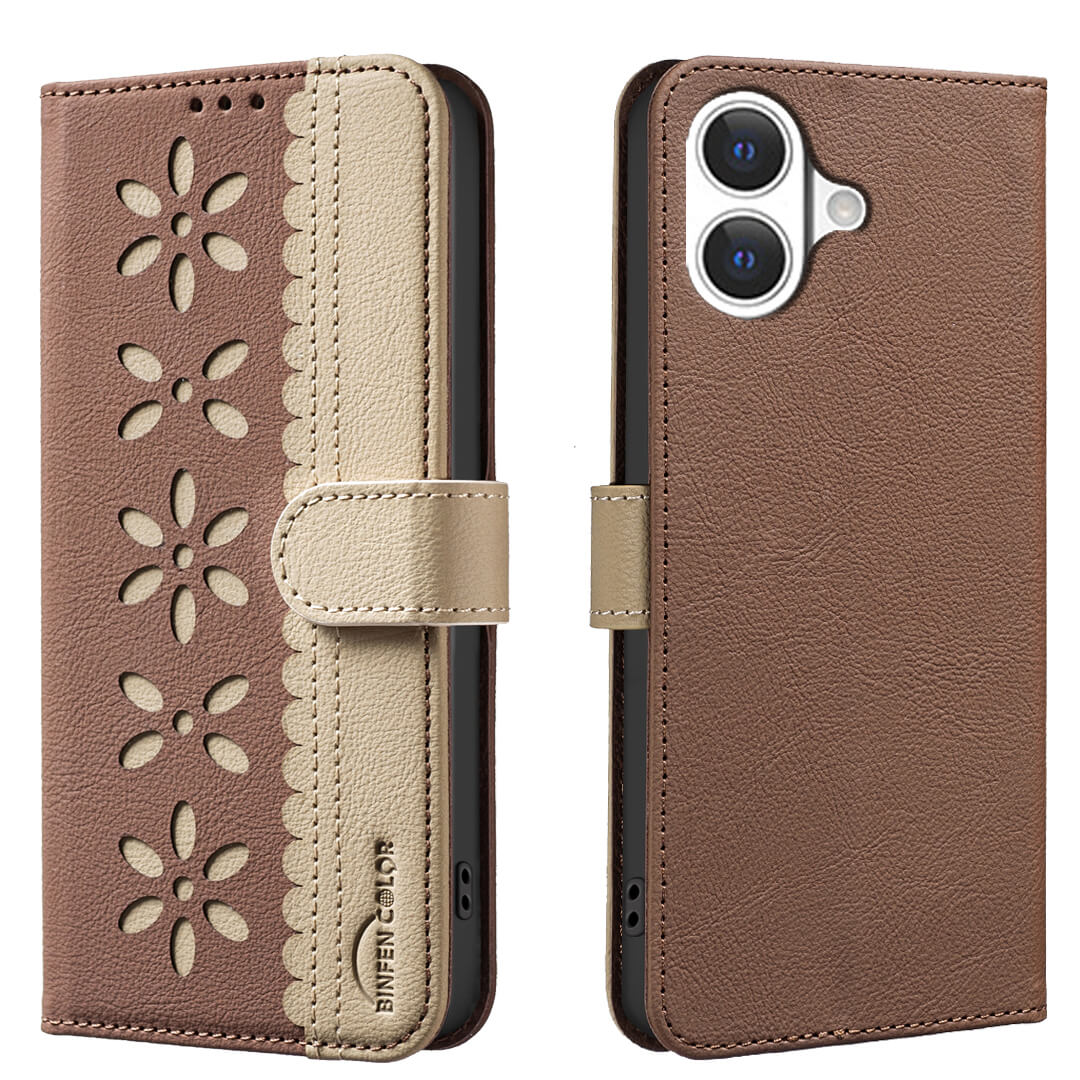 Die BINFEN Color iPhone 17 - BINFEN Ledertasche Floral in Braun und Beige verfügt über einen floralen Ausschnitt, RFID-Schutz und einen Magnetverschluss, dargestellt auf der Vorder- und Rückseite.