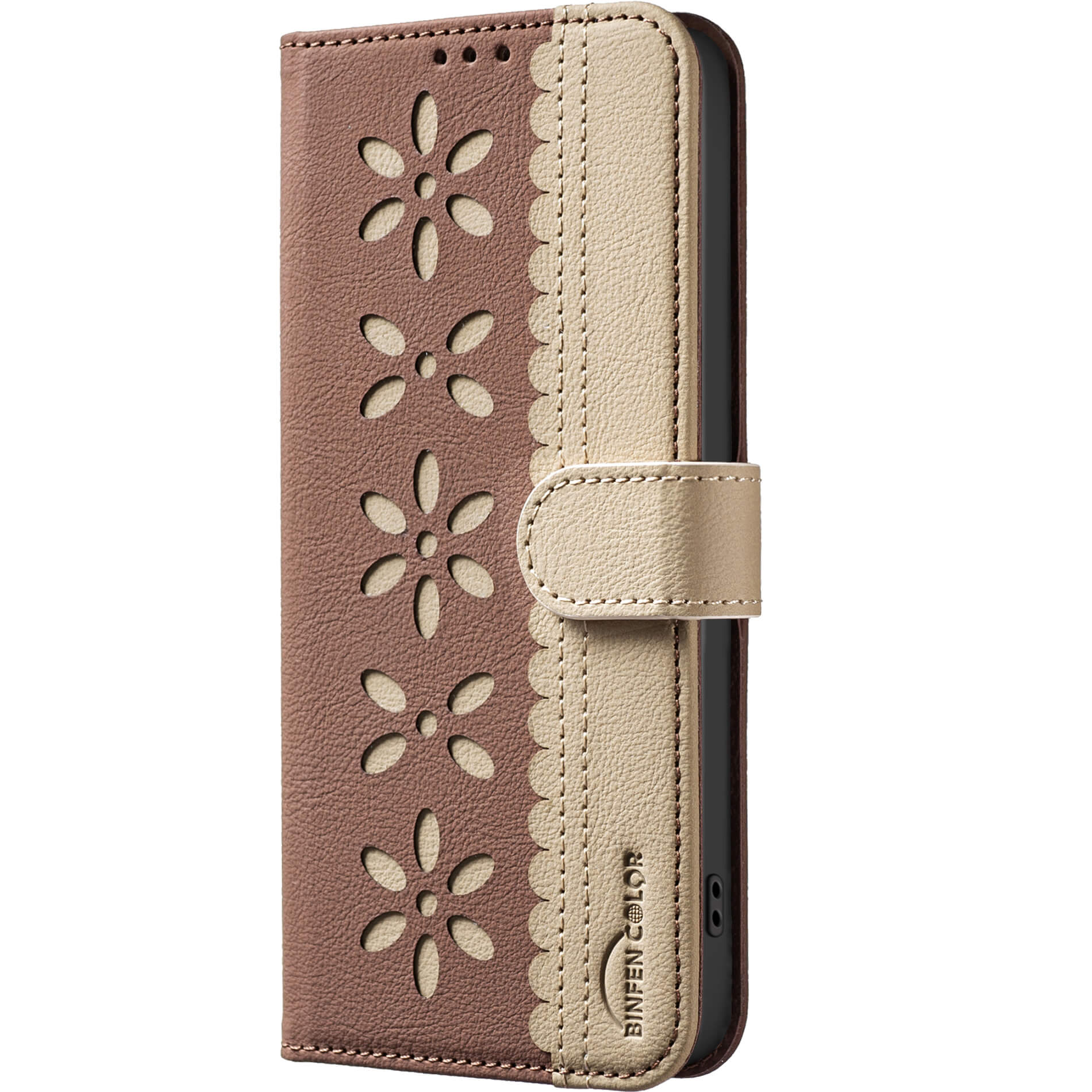 Die BINFEN Color iPhone 17 - BINFEN Ledertasche Floral ist eine beige-braune Tasche mit floraler Prägung, überlappendem Rand, sicherem Verschluss und integriertem RFID-Schutz für zusätzliche Sicherheit.
