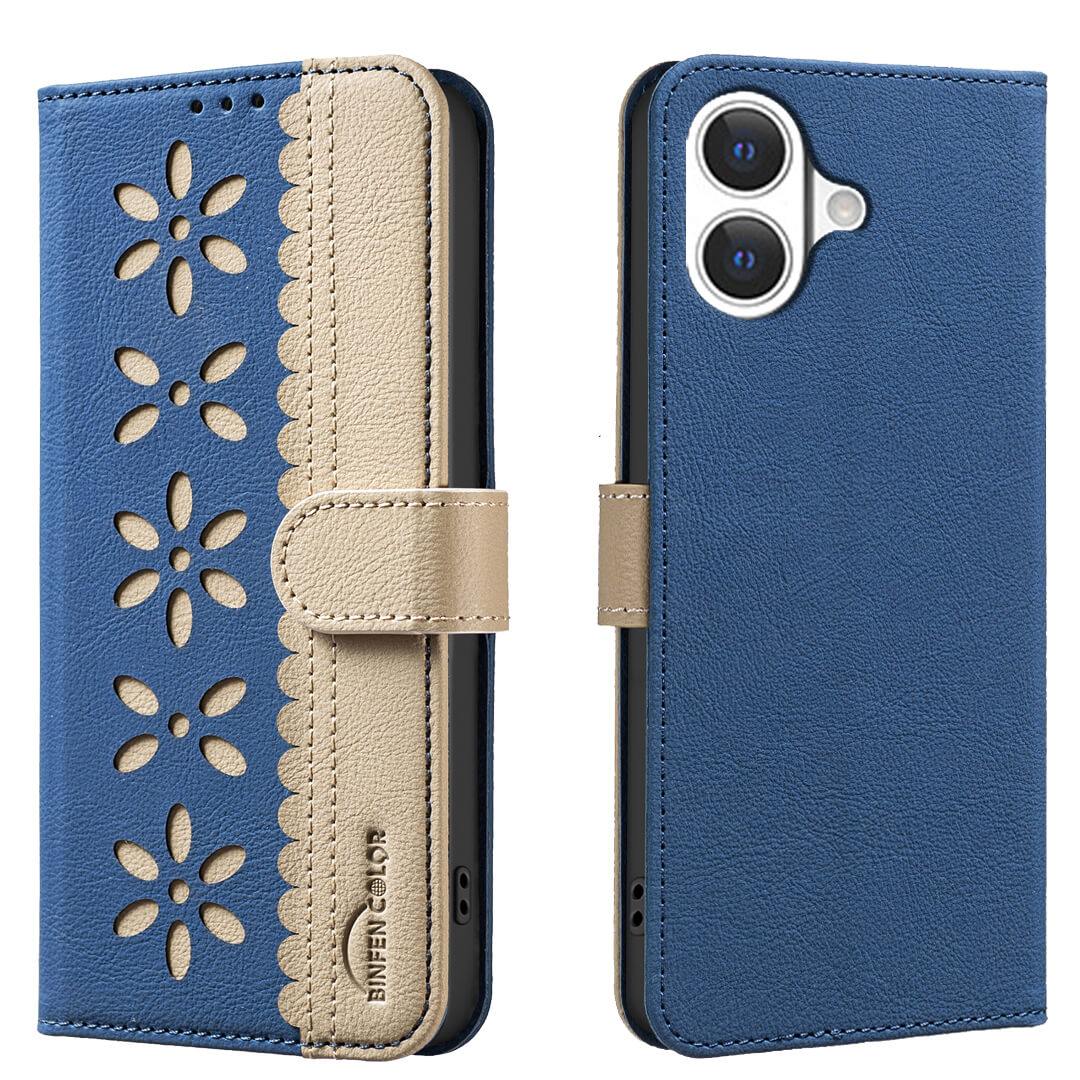 Die iPhone 17 - BINFEN Ledertasche Floral von BINFEN Color kommt in Blau mit beigem Trageriemen, verfügt über eine florale Prägung, RFID-Schutz und beinhaltet eine passende blaue Rückseite mit präzisem Kameraausschnitt.