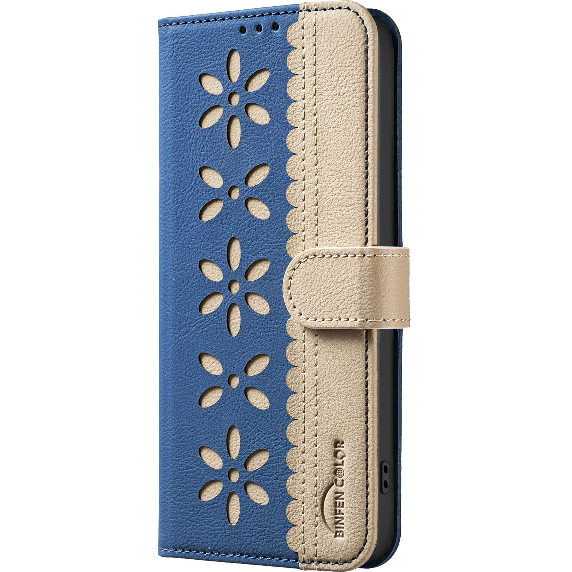 Die iPhone 17 - BINFEN Ledertasche Floral von BINFEN Color ist eine blau-beigefarbene Tasche mit floralen Ausschnitten, RFID-Schutz und einem Magnetverschluss.