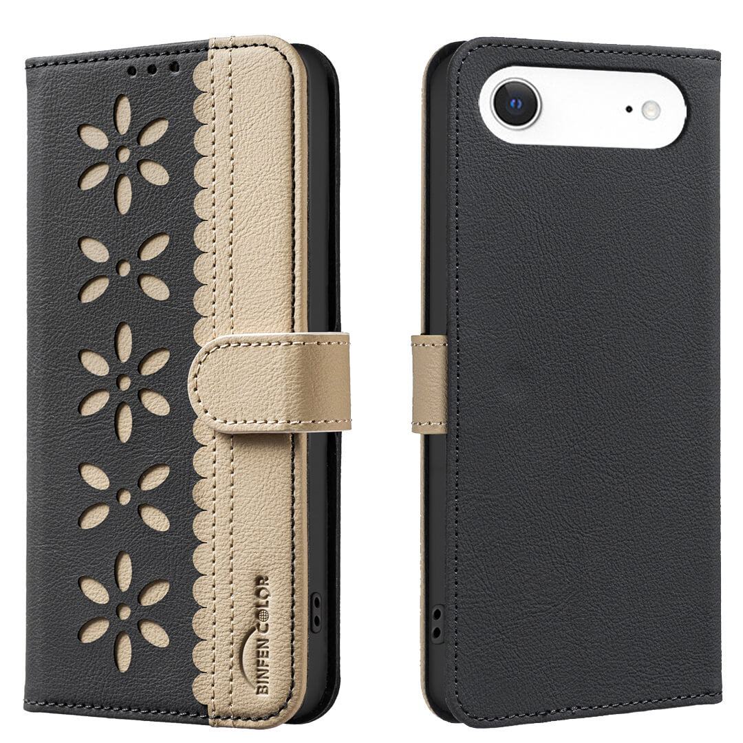 #farbe_schwarz|Schwarz-beige geblümte Handytasche mit RFID-Schutz und floraler Prägung neben der BINFEN Color iPhone 17 Air - BINFEN Ledertasche Floral in schwarz, mit Kameraausschnitt.