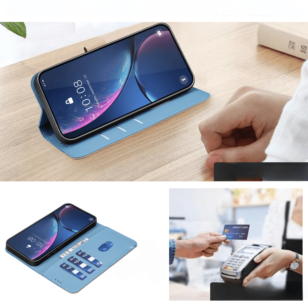 Ein iPhone 17 Air in einer blauen BINFEN Color Ledertasche Floral mit RFID-Schutz liegt auf einem Schreibtisch, während Personen Kreditkarten an einem Zahlungsterminal benutzen.