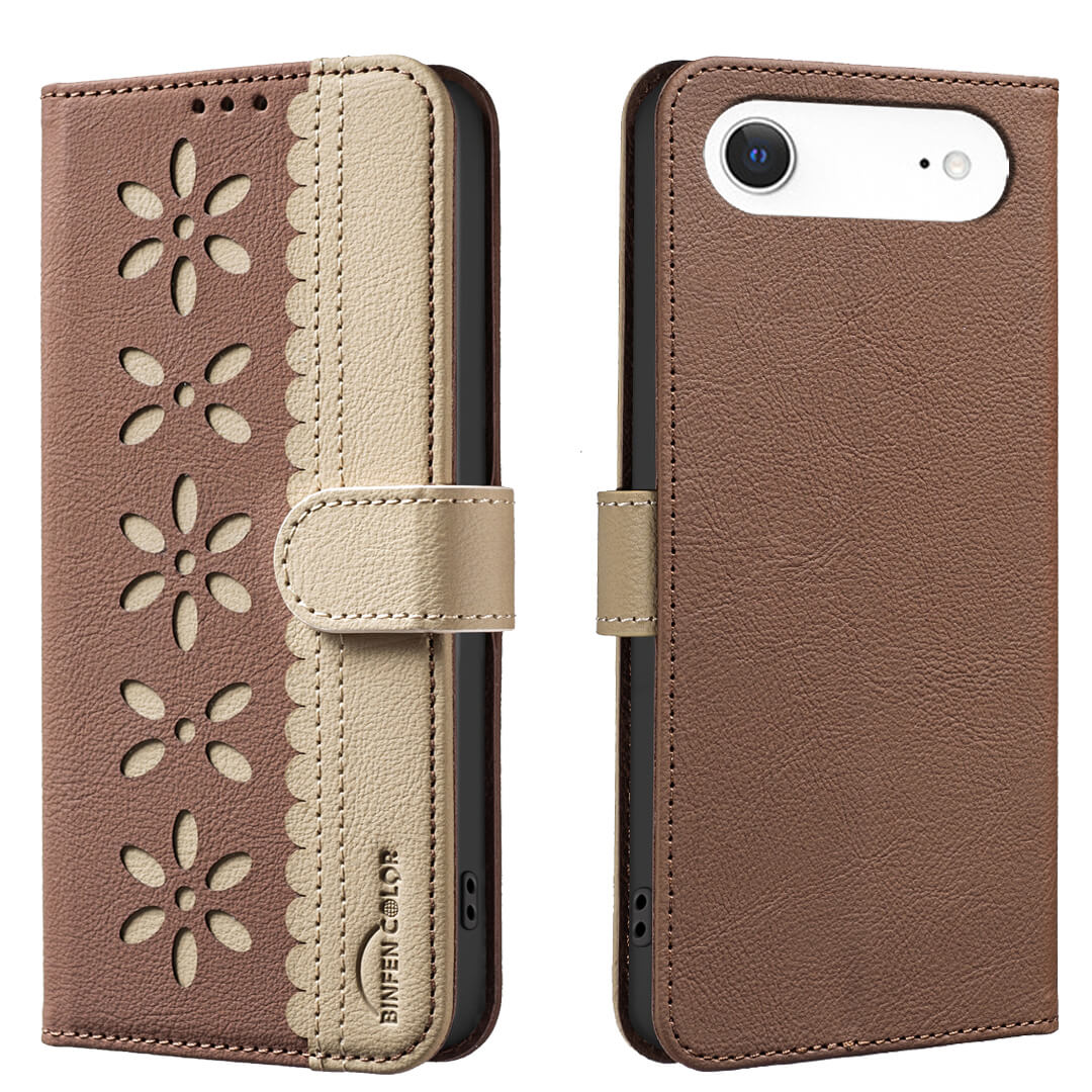 Die BINFEN Color iPhone 17 Air - BINFEN Ledertasche Floral in Braun und Beige verfügt über ein ausgeschnittenes Blumenmuster mit floraler Prägung, eingebautem RFID-Schutz und ist sowohl offen als auch geschlossen abgebildet.
