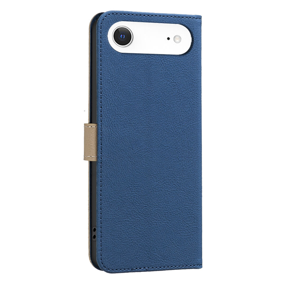 Das iPhone 17 Air in einer blauen BINFEN Color Ledertasche Floral verfügt über einen beigen Magnetverschluss, einen stilvollen Schutz und einen integrierten RFID-Schutz.