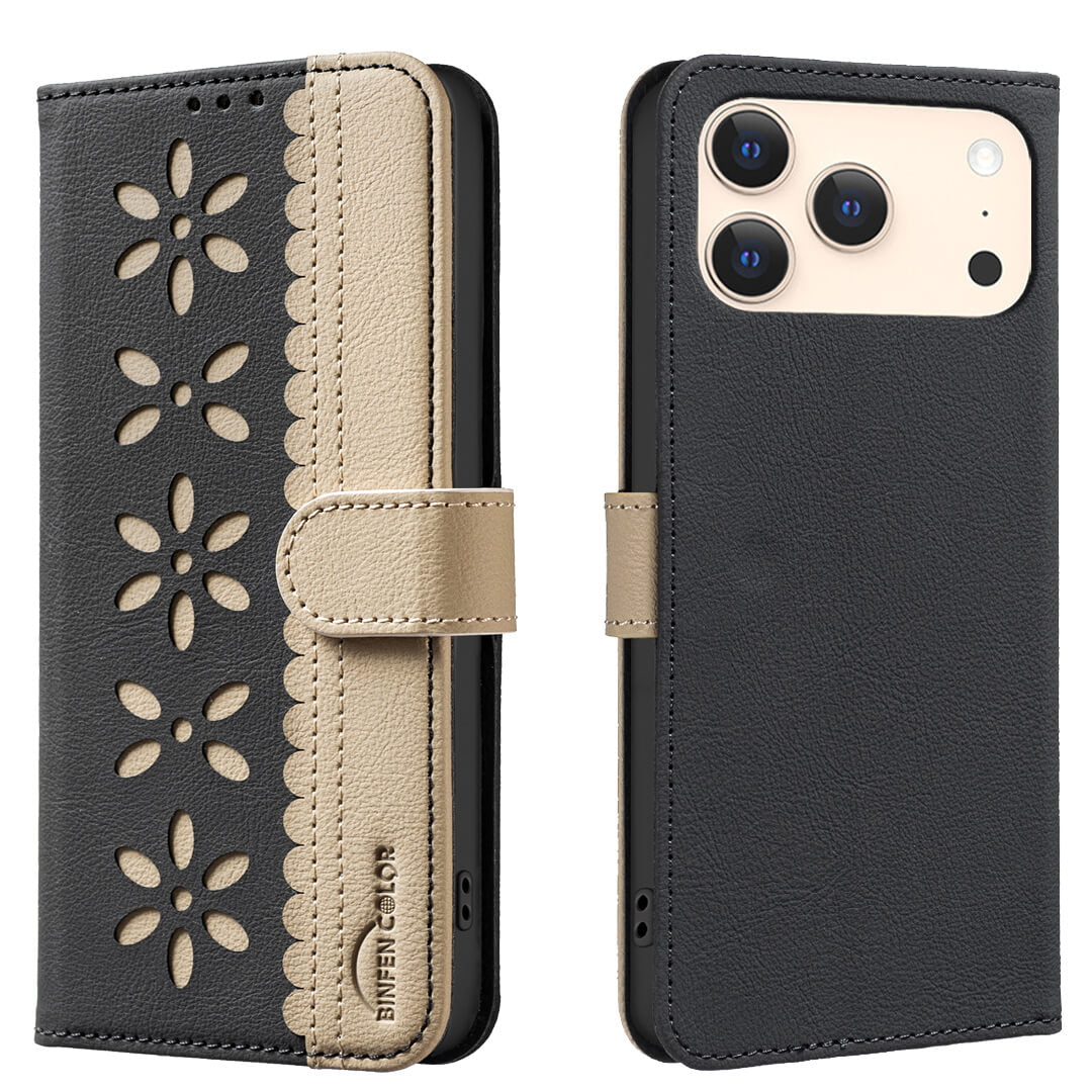 #farbe_schwarz|Die BINFEN Color iPhone 17 Pro Max BINFEN Ledertasche Floral zeichnet sich durch schwarzes und beiges Leder, einen floral gemusterten Magnetverschluss und RFID-Schutz aus. Sie lässt sich mit dem Telefon im Inneren öffnen und schließen und bietet so sicheren und stilvollen Schutz.