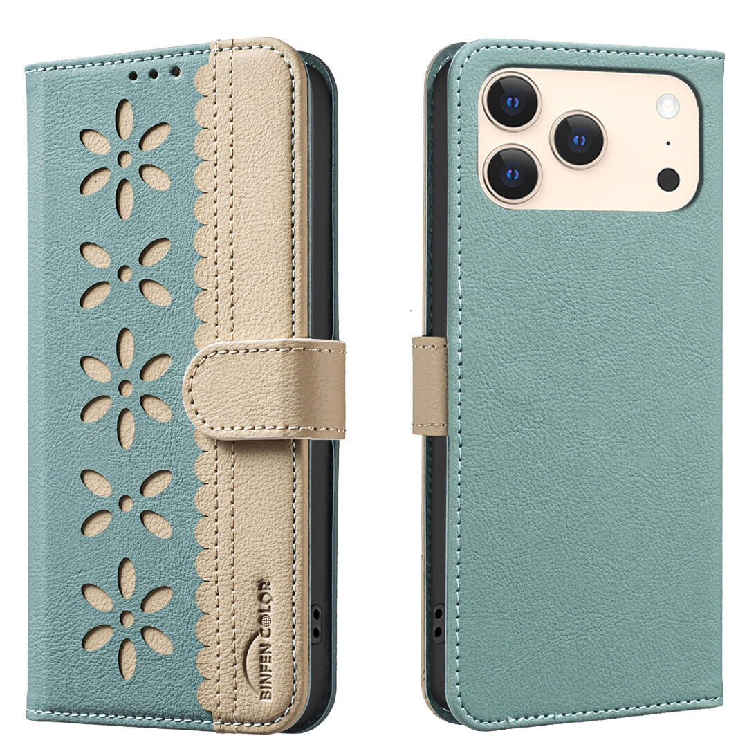 Die BINFEN Color iPhone 17 Pro Max BINFEN Ledertasche Floral in teal und beige zeigt florale Ausschnitte und RFID-Schutz, offen und geschlossen an einem Smartphone.