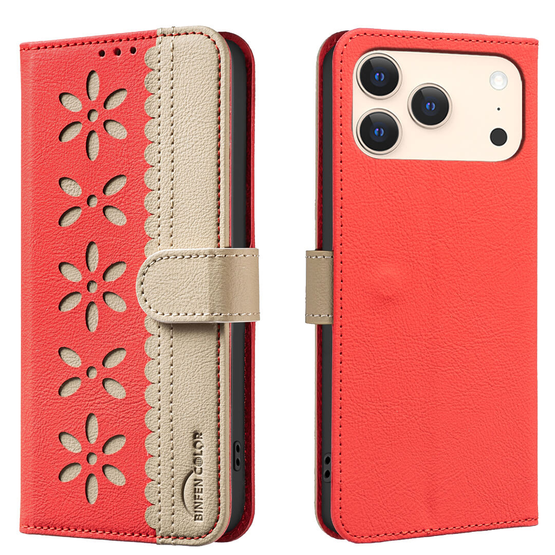 Die BINFEN Color iPhone 17 Pro Max BINFEN Ledertasche Floral ist eine rot-beigefarbene Handytasche mit floraler Prägung, RFID-Schutz und wird offen/geschlossen mit einem Telefon darin gezeigt.
