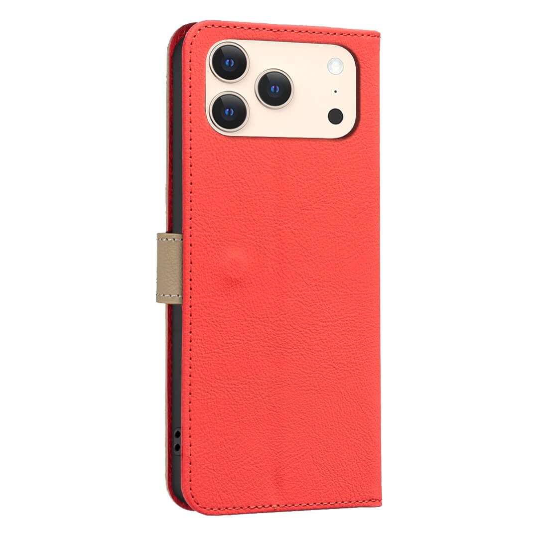 Die iPhone 17 Pro Max BINFEN Ledertasche Floral von BINFEN Color bietet stilvollen Schutz mit floraler Prägung, rotem Leder, RFID-Schutz und Kameraschutzaussparung für Ihr Smartphone.