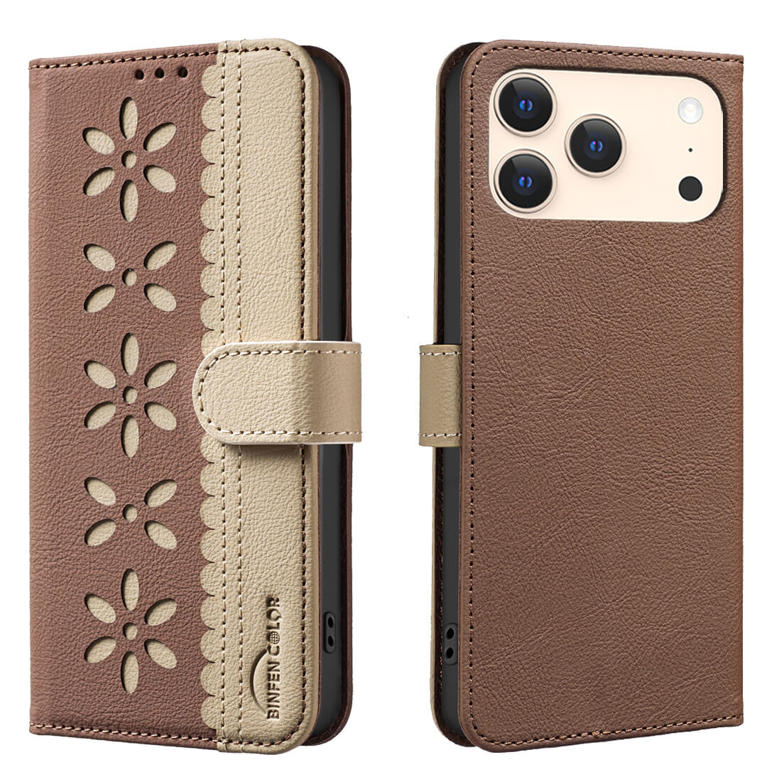 Die BINFEN Color iPhone 17 Pro Max BINFEN Ledertasche Floral in Braun und Beige verfügt über eine florale Prägung, einen Blumenausschnitt, RFID-Schutz und ist offen und geschlossen mit einem Telefon darin abgebildet.