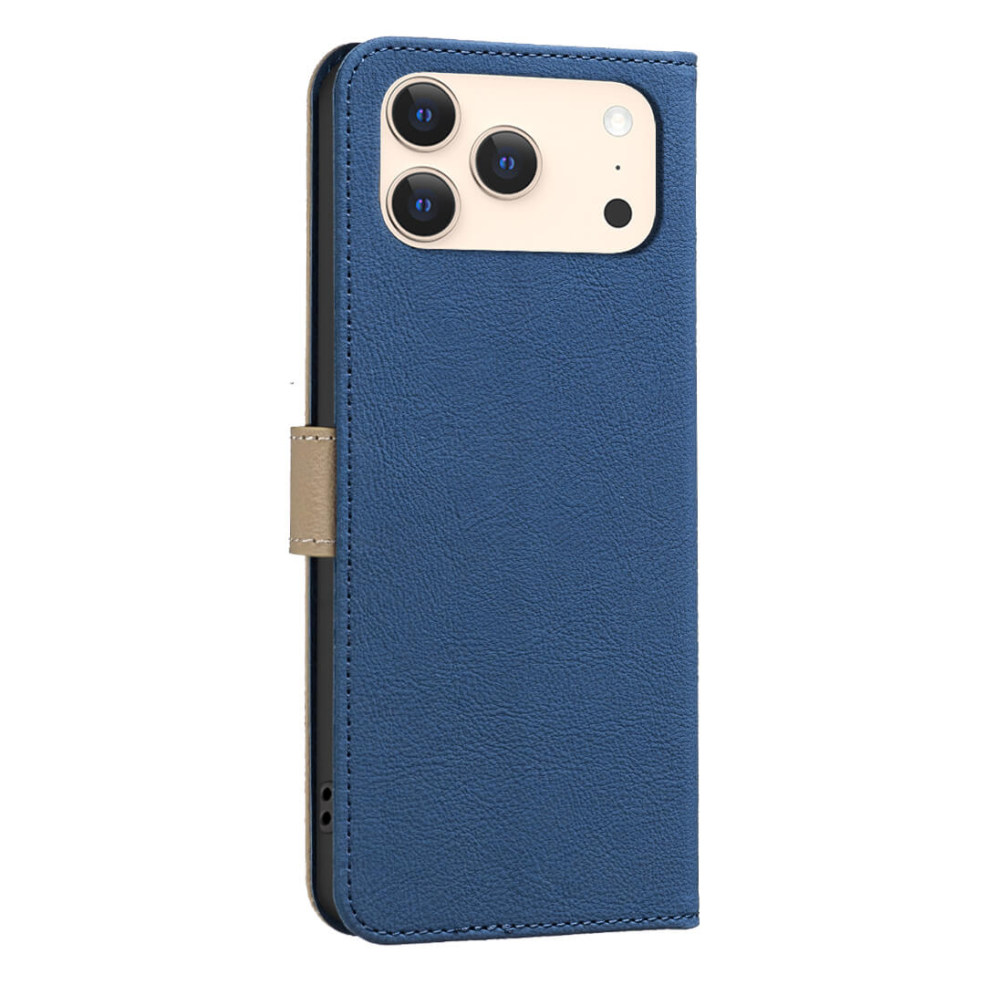 Die BINFEN Color iPhone 17 Pro Max BINFEN Ledertasche Floral, mit floraler Prägung, RFID-Schutz und Kameraausschnitt wird geschlossen und aufrecht stehend gezeigt.