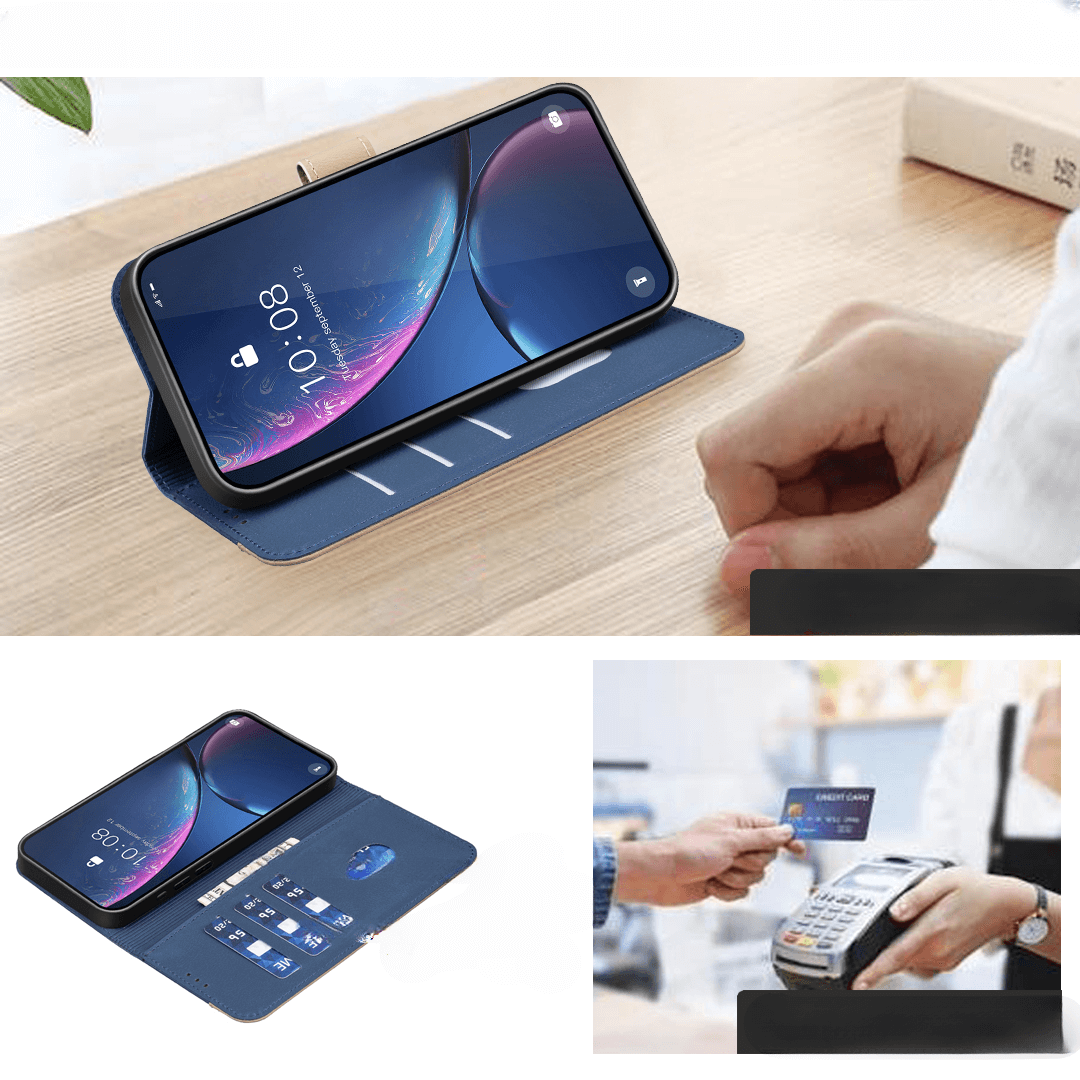 Eine Person bezahlt mit Karte an einem Terminal; auf dem Schreibtisch liegt die BINFEN Color iPhone 17 Pro Max Ledertasche Floral, die eleganten Stil und RFID-Schutz für das Gerät bietet.