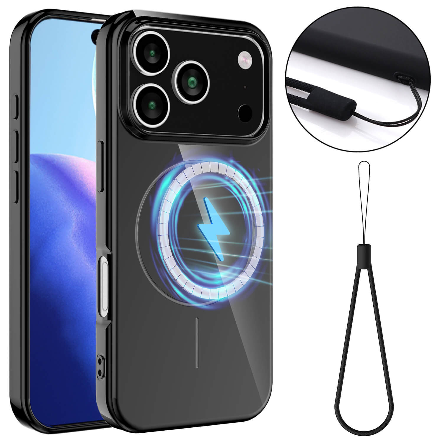 #farbe_schwarz|Cover-Discount iPhone 17 Pro Max - Unifarbenes Backcover mit MagSafe: Schwarze TPU-Hülle mit MagSafe-kompatiblem Ring, präzisen Kameraausschnitten und mitgelieferter Handschlaufe im Detail gezeigt.