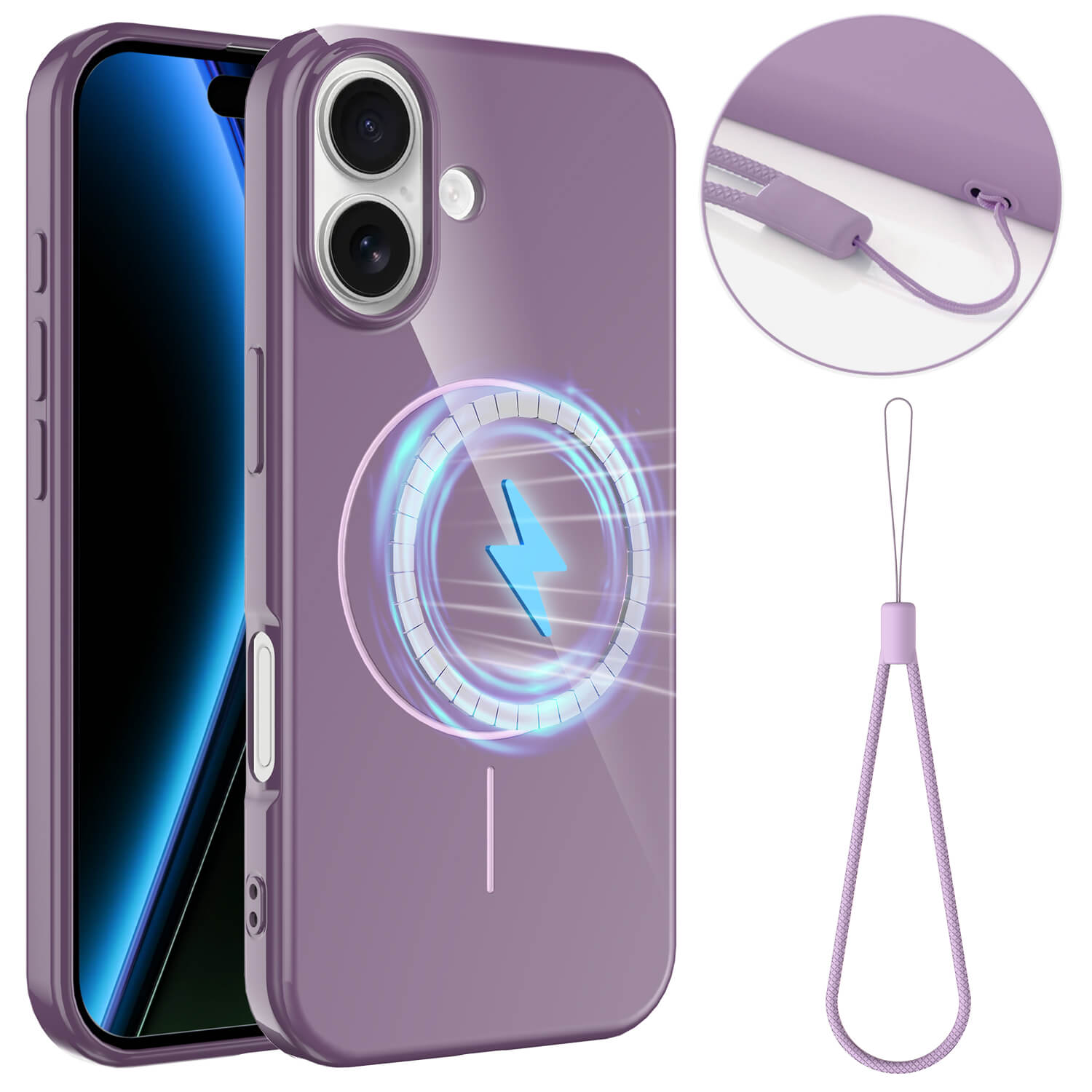 Das iPhone 17 Unifarbenes Backcover mit MagSafe von Cover-Discount in lila ist mit einem MagSafe Ladesymbol versehen und wird mit einer passenden Handschlaufe geliefert; die Hülle ist teilweise eingelegt.