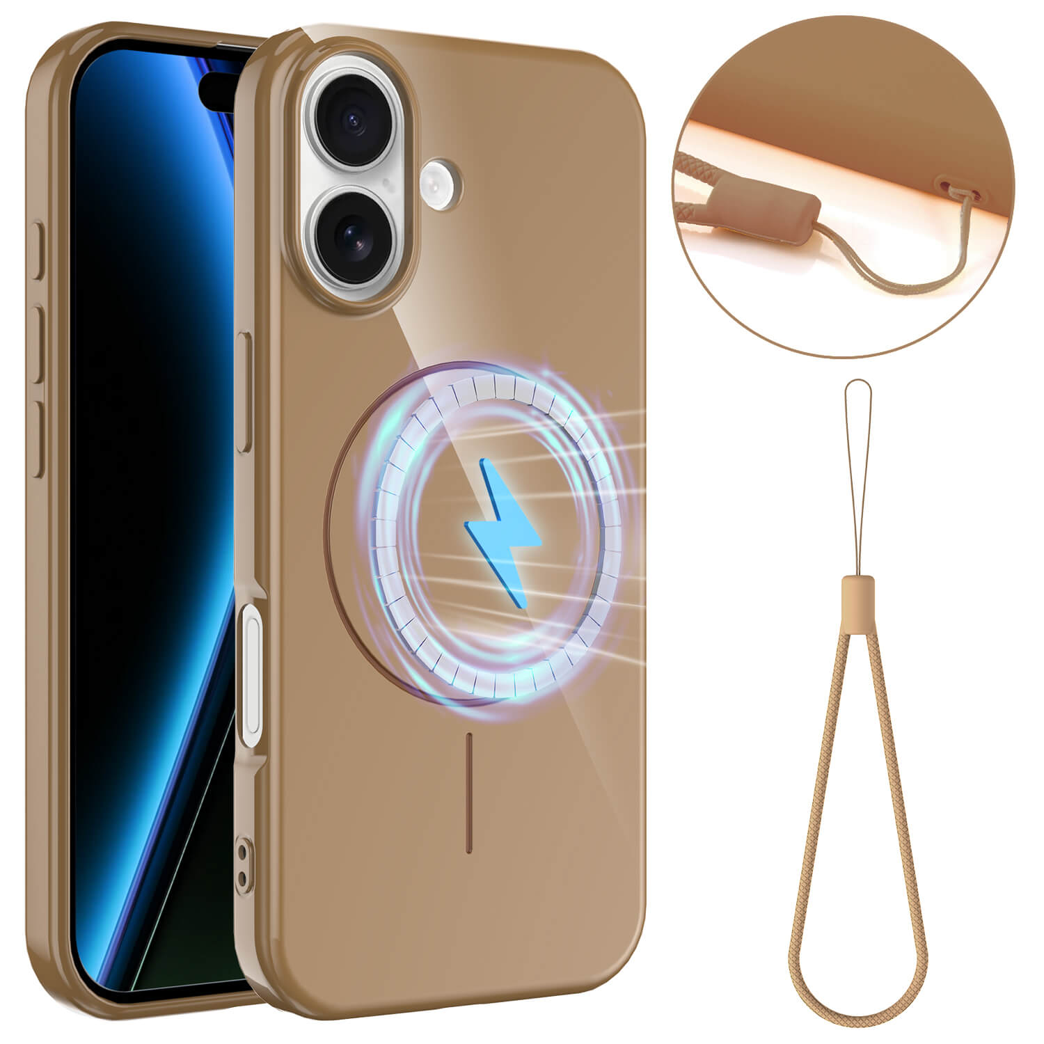 Das iPhone 17 - Unifarbenes Backcover mit MagSafe von Cover-Discount in Beige wird mit befestigtem Lanyard und Nahaufnahme des Befestigungspunkts gezeigt - die stilvolle Handyhülle für dein iPhone 17.